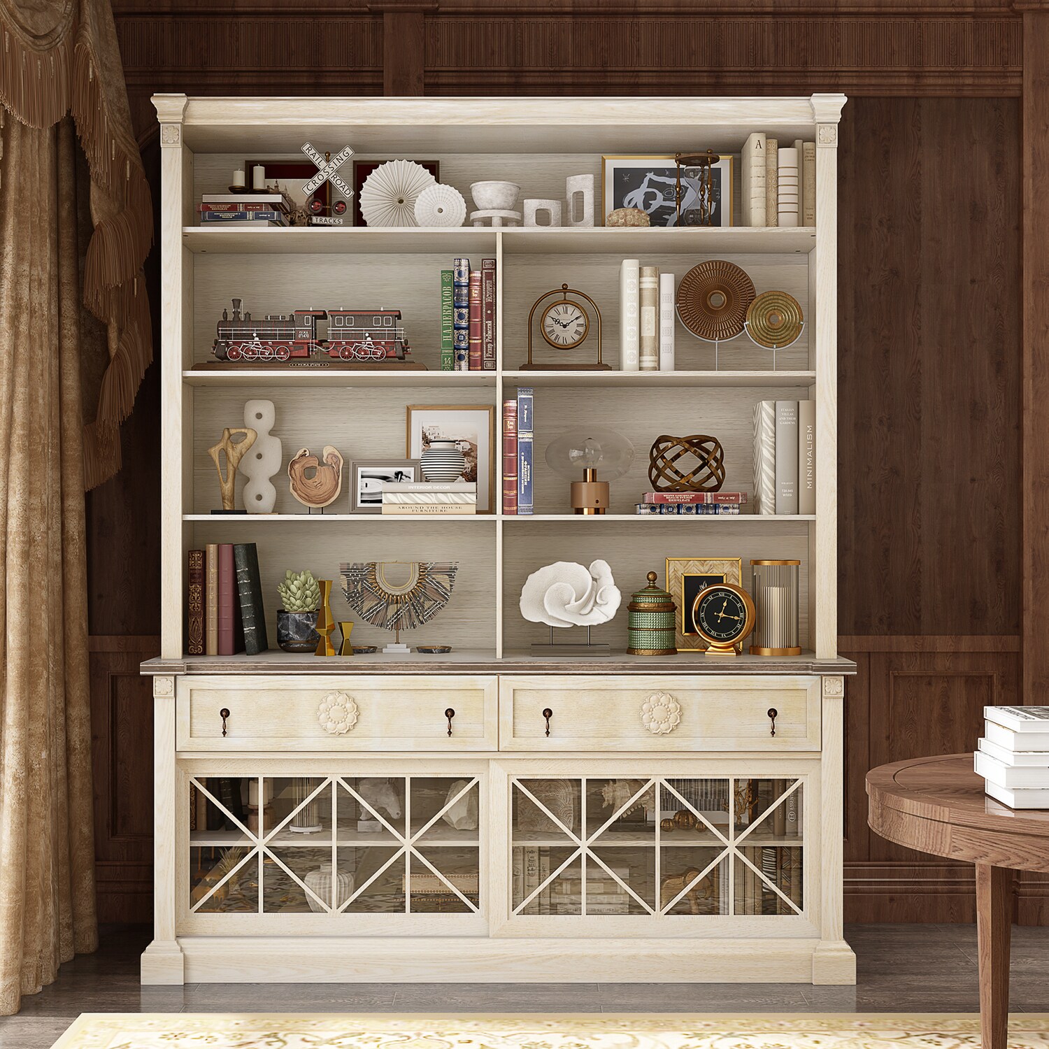 FUFU&GAGA KF390060-01+02 Yellow MDF 6 -Shelf Oversized set Bookcase with Doors ( 61-Inches W x 78.7-Inches H x 15.7-Inches D ) Finished