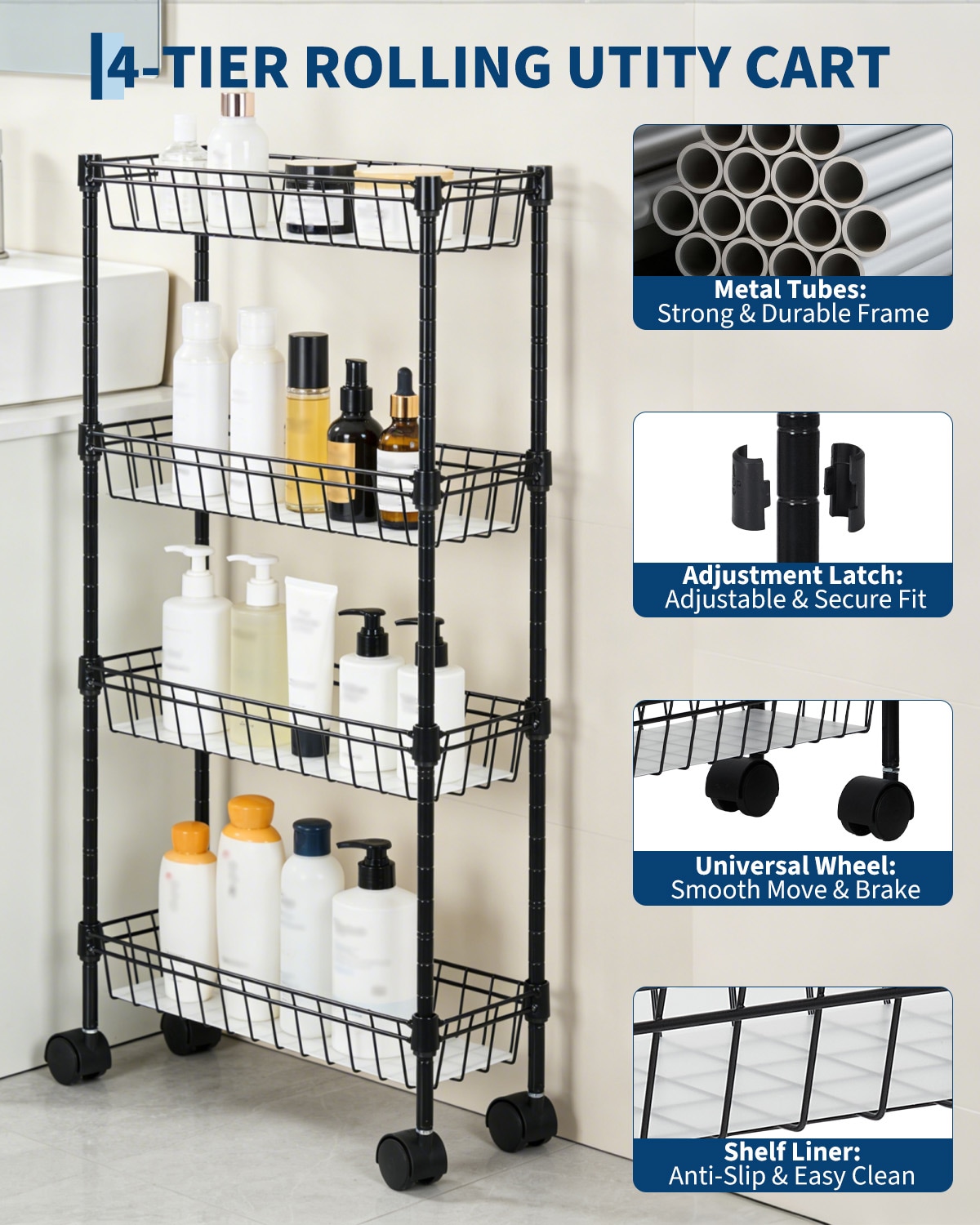 DEXSO 15.75in 4 Tier Metal Rolling Cart Black