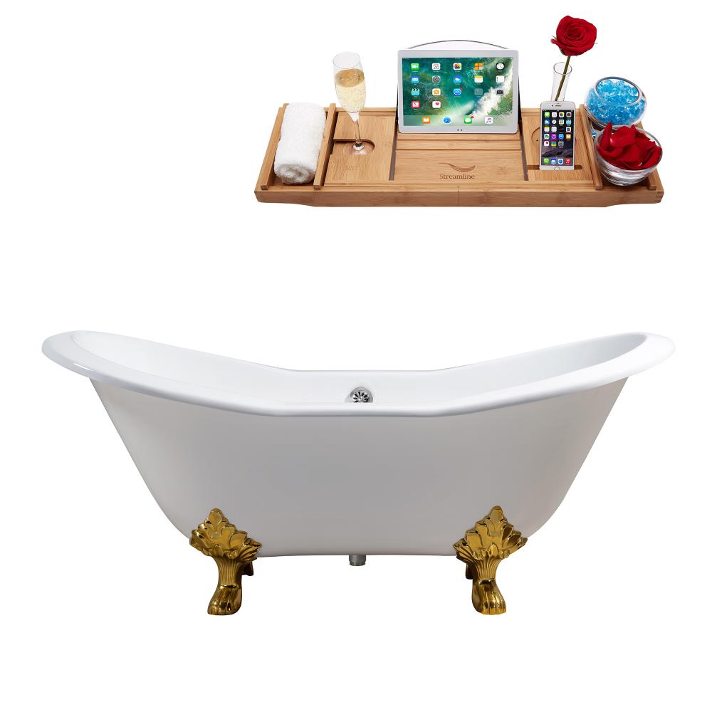 Streamline R5162GLD-CH 72.0078-in x 30.9054-in Glossy White Acrylic Oval Clawfoot Soaking Bathtub with Drain (Center Drain)
