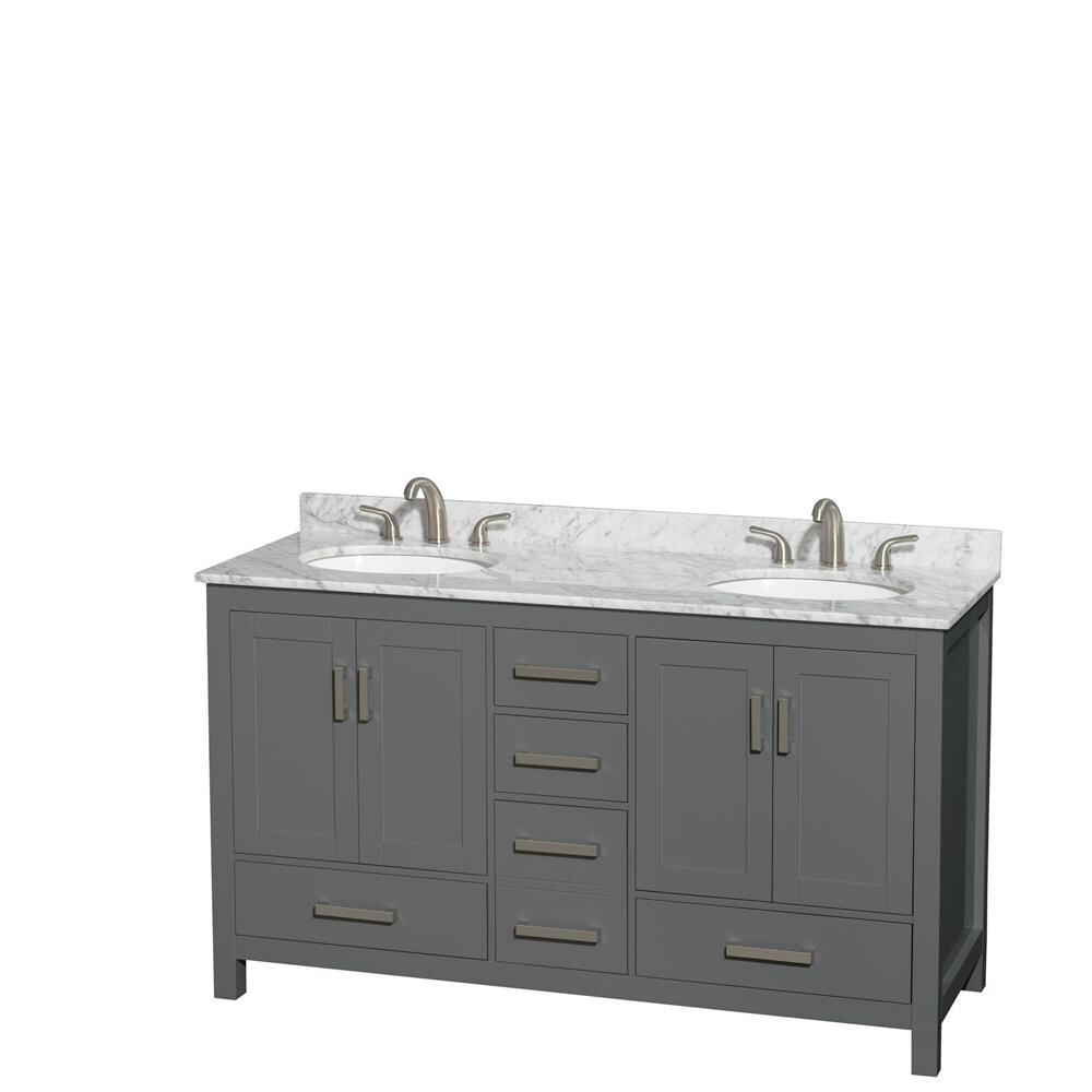 Wyndham Collection WCS141460DKGCMUNOMXX Sheffield 60-in Dark Gray with Brushed Chrome Trim Undermount Double sink Bathroom Vanity with White Carrara Marble Natural marble Top