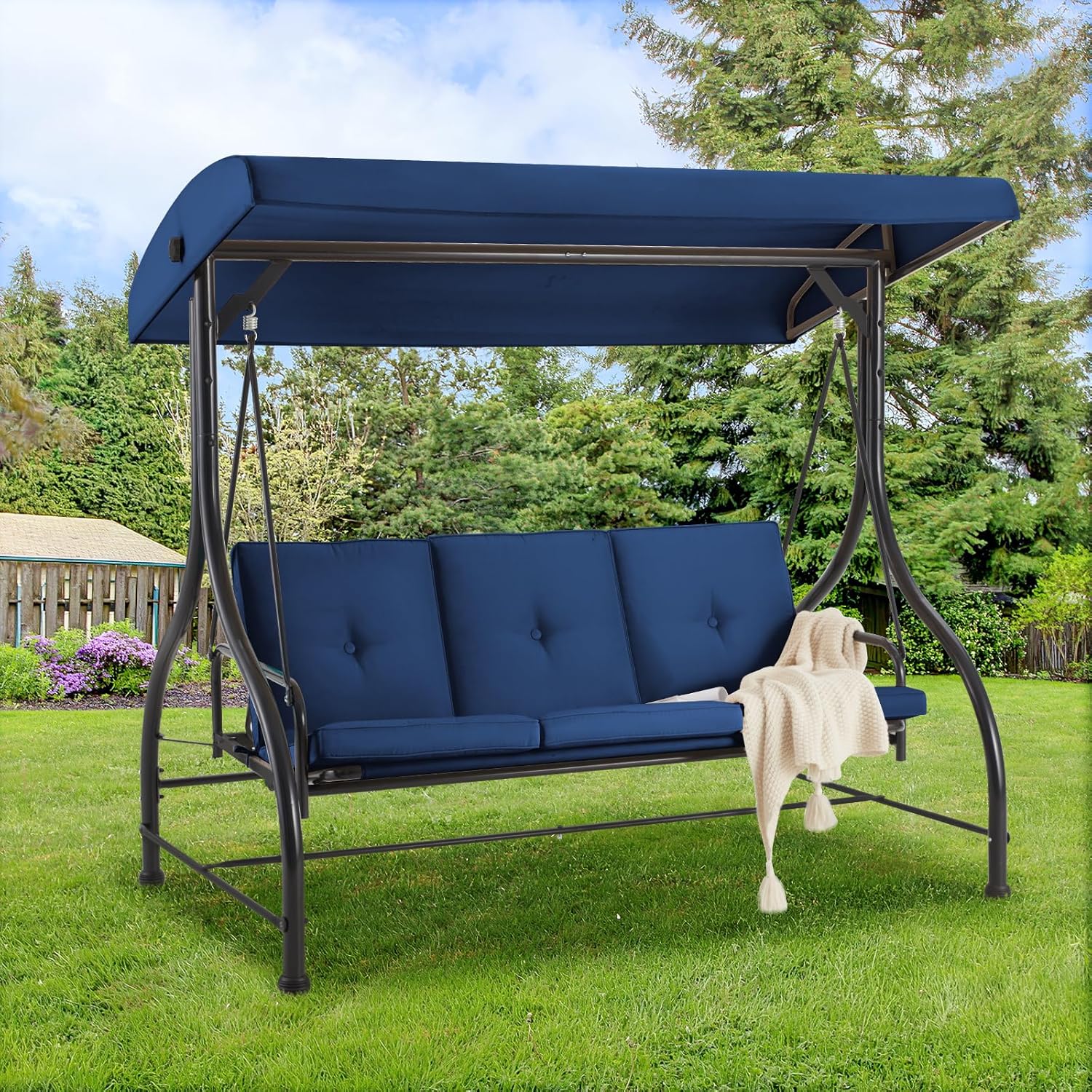 AECOJOY  3 Seat Patio Porch Swing Chair with Adjustable Backrest And Canopy