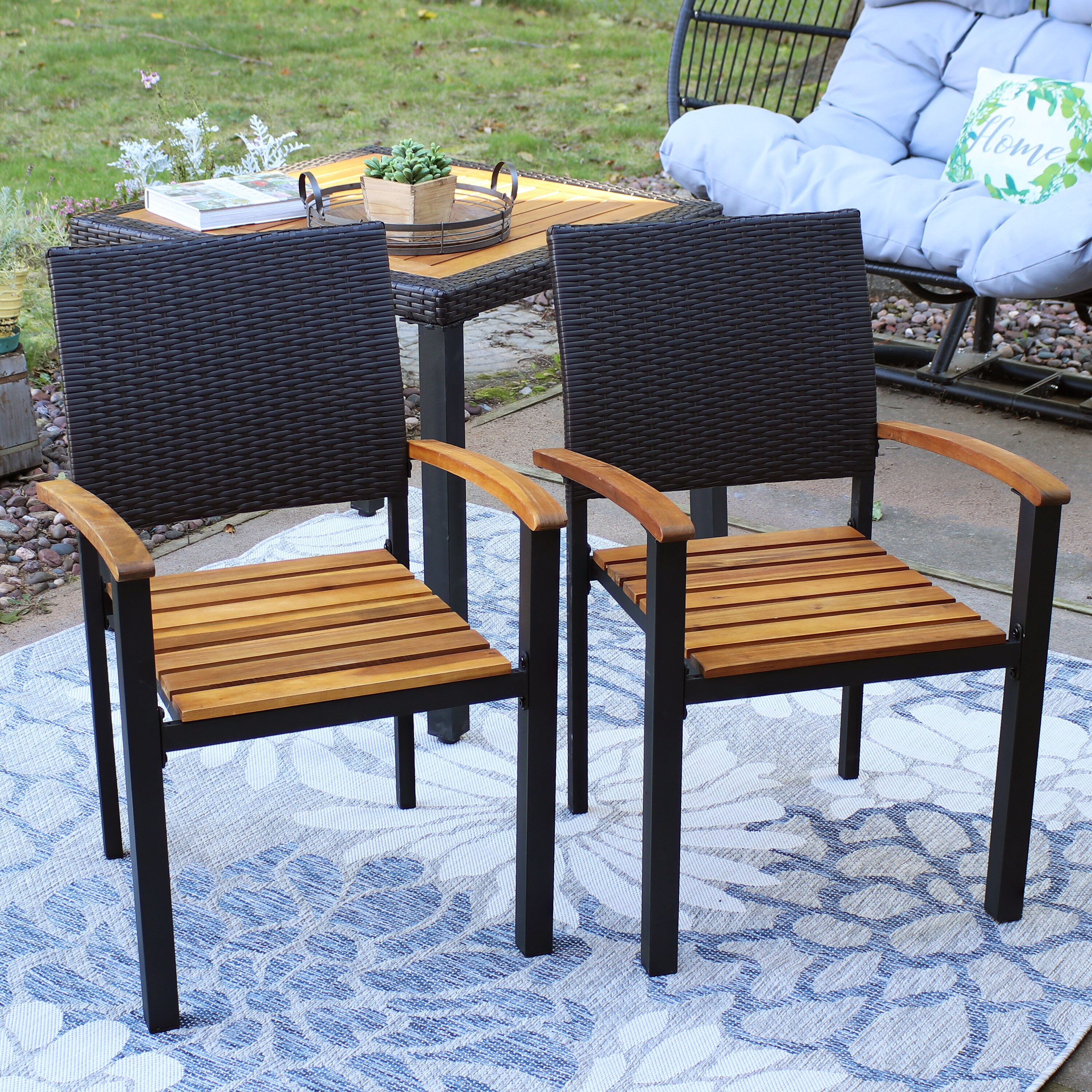 Sunnydaze Decor GF-307 Set of 2 Wicker Stackable Brown Steel Frame Stationary Dining Chair with Solid Seat