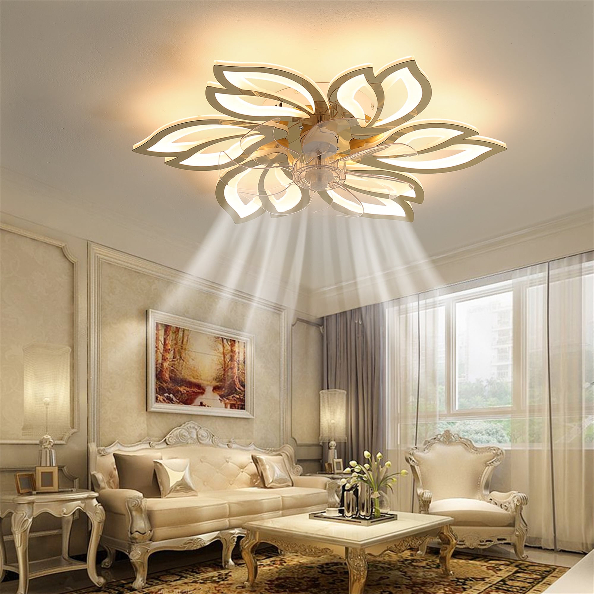 BABOOM BOM-34P1894-OR Silent Ceiling Fan 25.5-in Color-Changing Integrated LED Flush Mount Smart White with Transparent Blades Ceiling Fan With Light - Remote Included ( 7 -Blade )