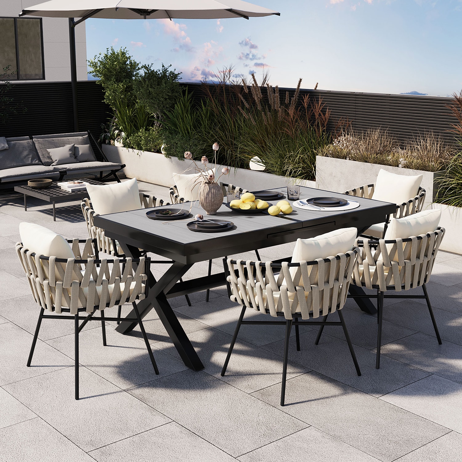 GZMR GM-FG2AD 7-Piece Patio Dining Sets with Expandable Table 7 -Piece Grey Patio Dining Set Iron Rectangle Table with 6 Off-white Cushions Stationary Chairs
