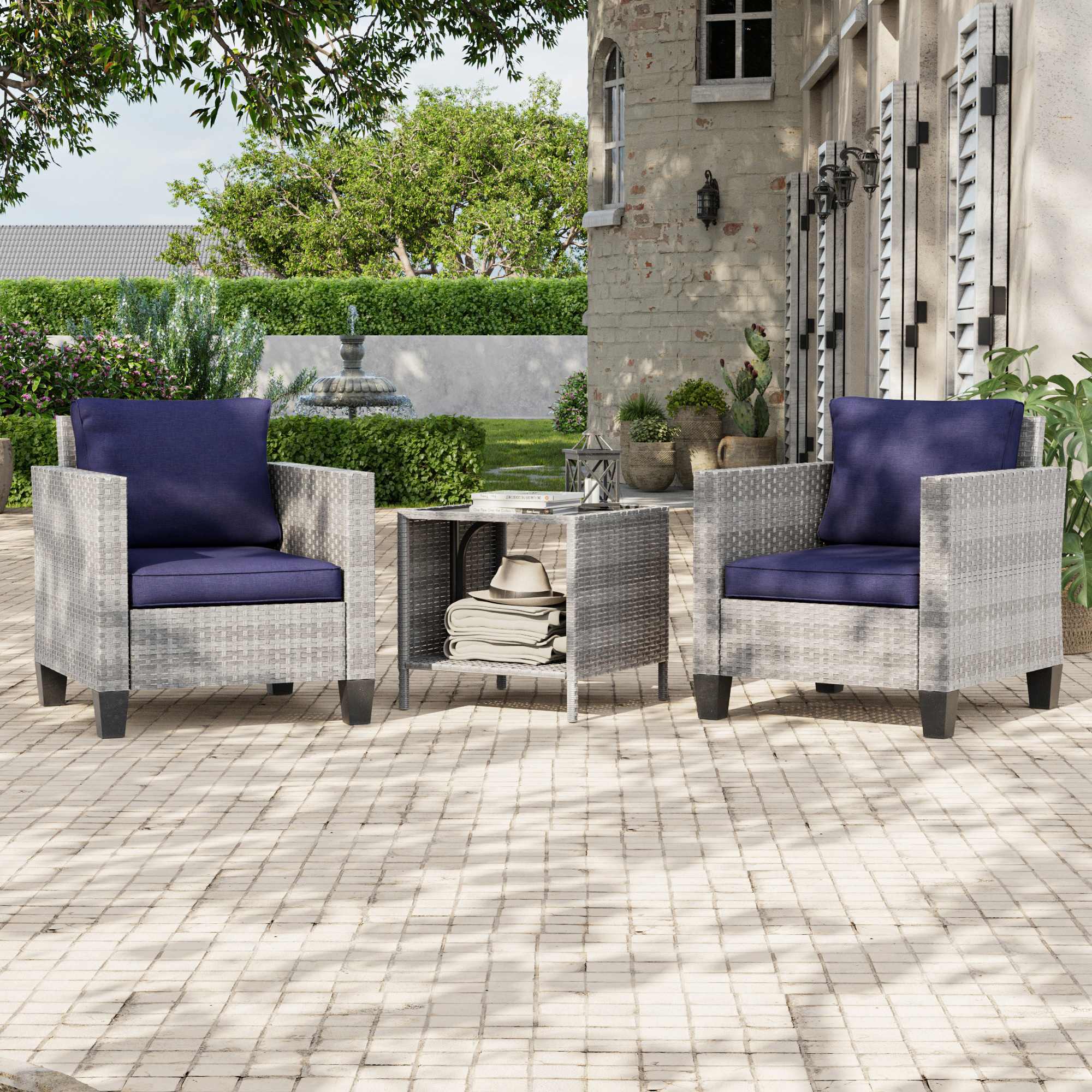 Aok Garden - 3 Set Outdoor Grey PE Wicker Chair Wide Seat High Back Sofa Chair With Coffee Table ...