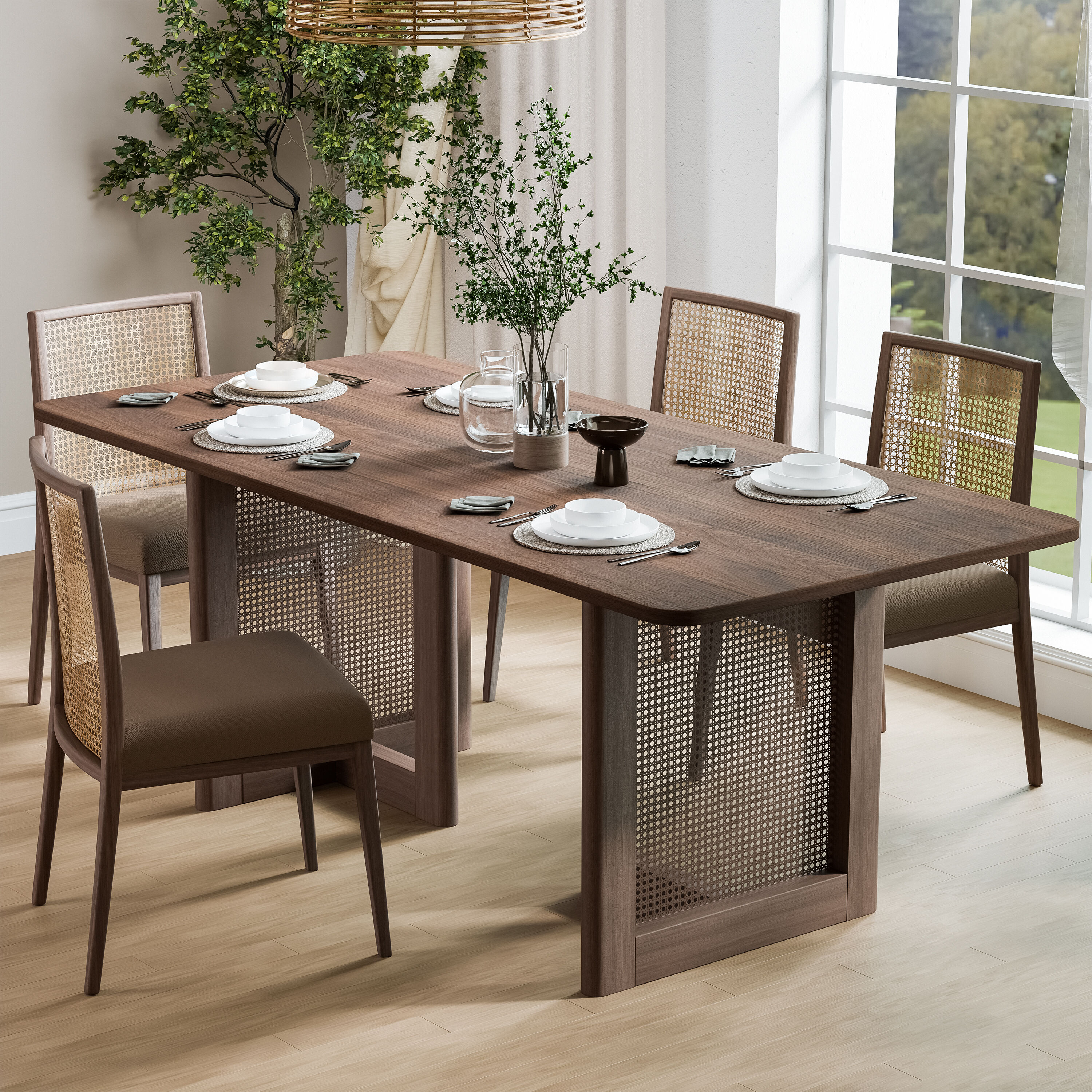 Misty Moon - 67 x 34 x 30 Inch Walnut Rectangular Dining Table with Rattan Woven Details Seats 6 ...