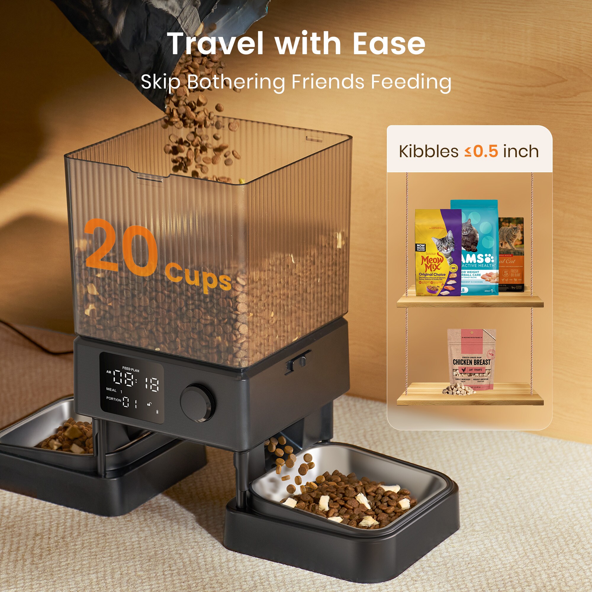 oneisall Automatic Cat Feeder 5L for 2 Pets with Dual Bowls Smart Pet ...