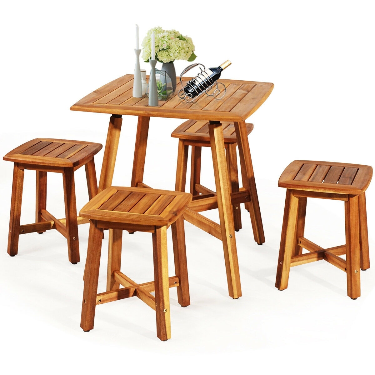 WELLFOR GIS1162126311 5 -Piece Reddish brown Patio Dining Set Wood Square Table with 4 Stationary Chairs