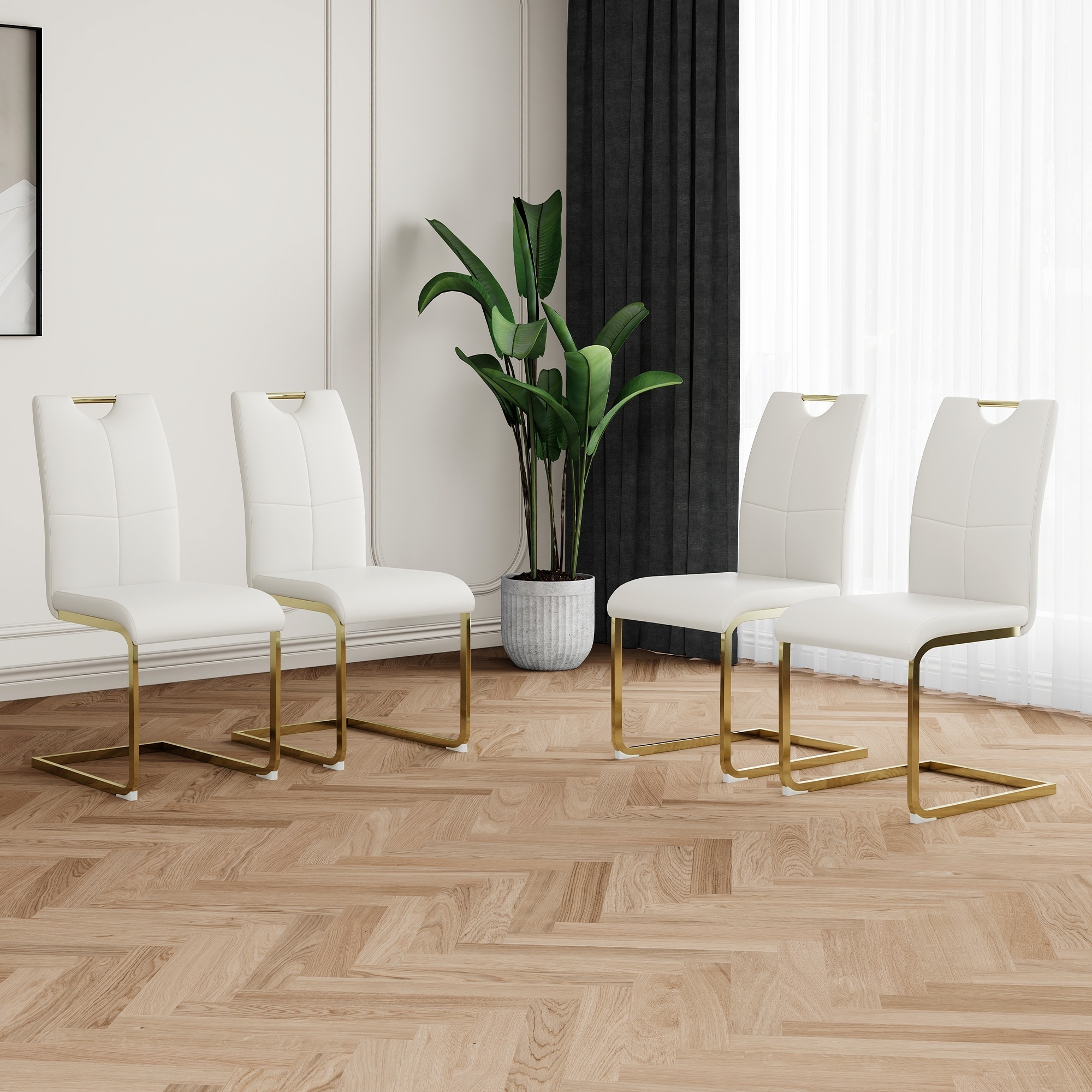 Horizons Prime - Set of 4 Modern Dining Chairs with White Faux Leather Padded Seat and Gold Metal...