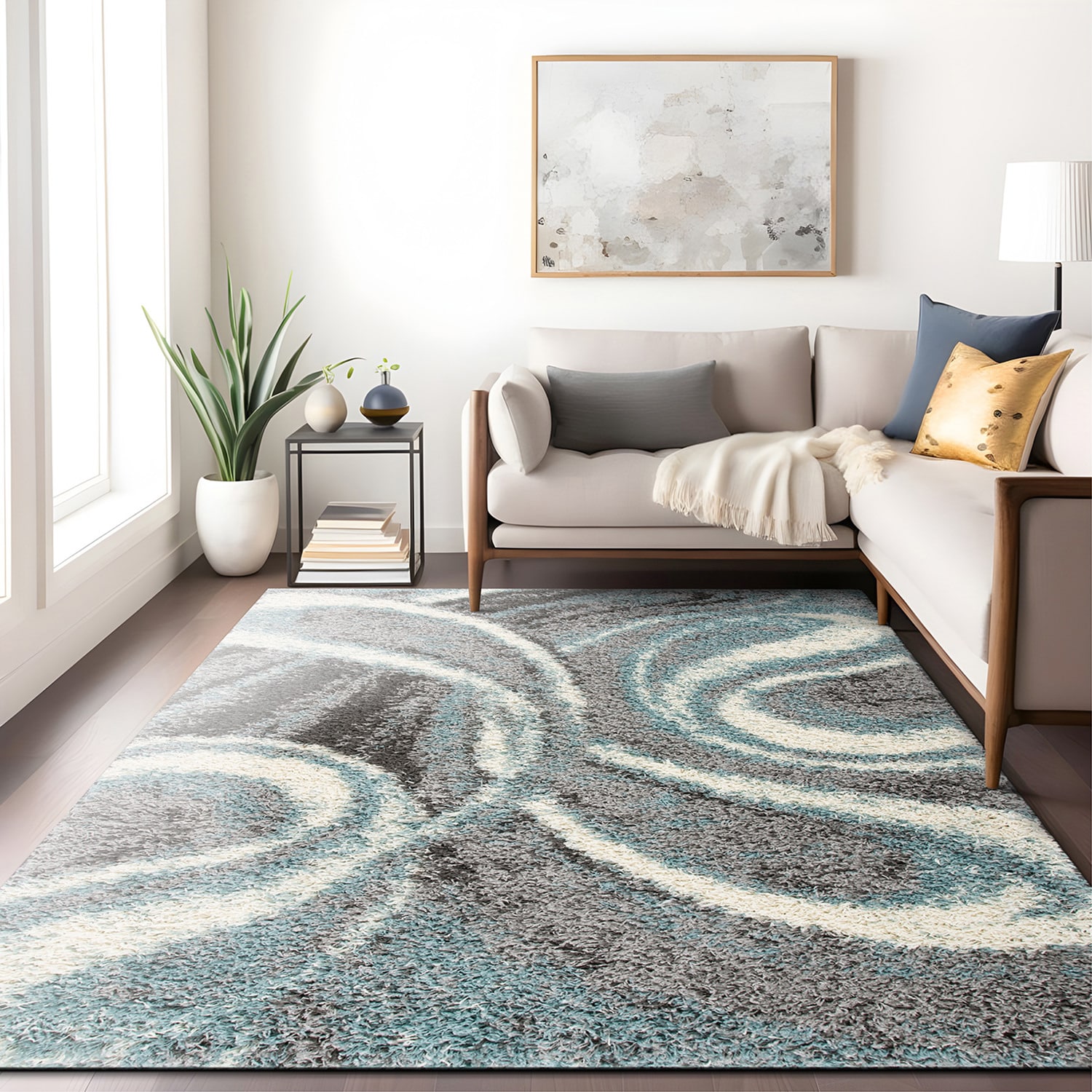 Blue and Gray Abstract Shag 5' x 7' Area Rug