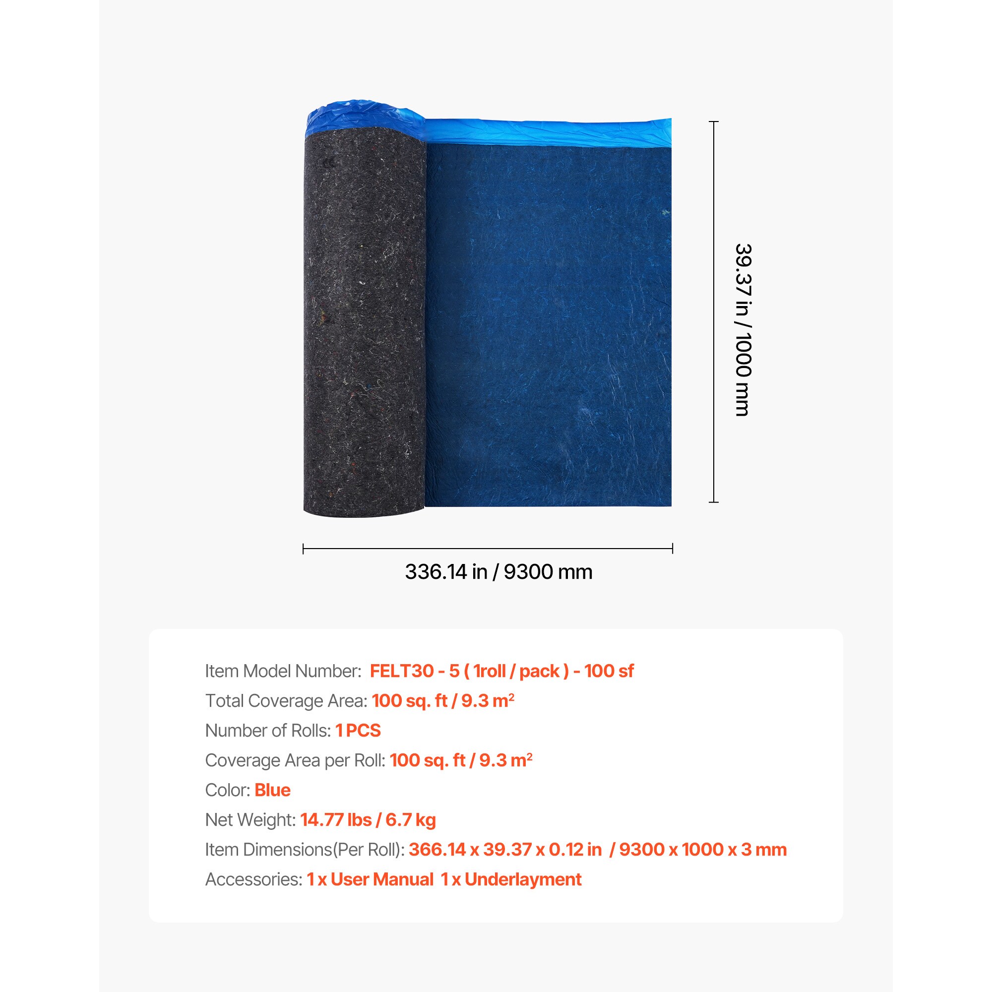 VEVOR Floor Underlayment 100 sq. ft/Roll 3 mm Thick Laminate Flooring  Padding with Attached Vapor Barrier Heavy Duty Fiber + PE Film  Soundproofing and Noise Reduction Ideal for Vinyl Wood in the