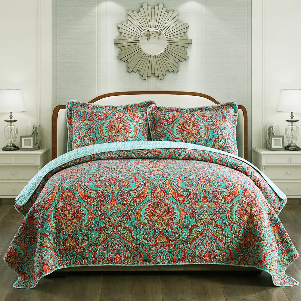 WZKZLH European Gorgeous Floral Queen Reversible Cotton Patchwork Quilt Set All Season Soft Comfort Easy Care 3 pieces