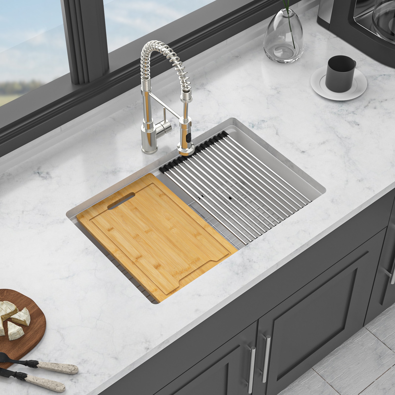 Afoxsos 28 x 19 x 9.65 in White Quartz Composite Workstation Undermount Kitchen Sink with Accessories Quiet Nonporous Easy Clean