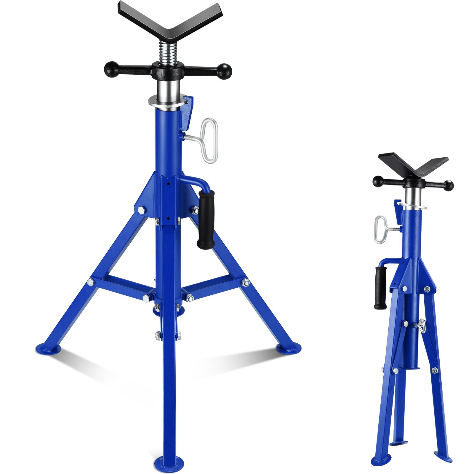 DEXSO V Head Pipe Jack Stand 2500 Lb Load Capacity Heavy Duty Steel Jack Stands With Folding Legs 28 To 52 Inch Adjustable Height Portable Tripod Pipe Stands For Welding Pipe Threading Blue