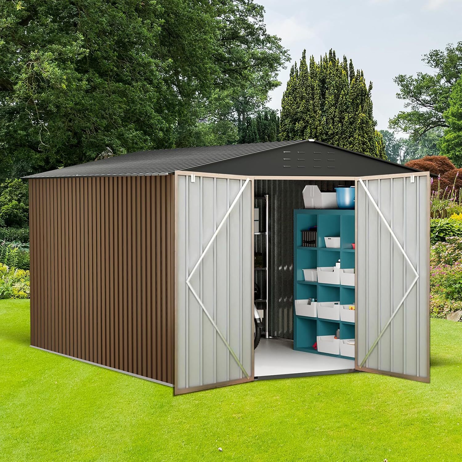 Qeetex GGL-PHO-16B8XSNT 10x10FT Metal Outdoor Storage Sheds Waterproof Garden Shed with Lockable Doors for Backyard Bike Equipment Courtyard Patio Tool  Outdoor Storage Brown