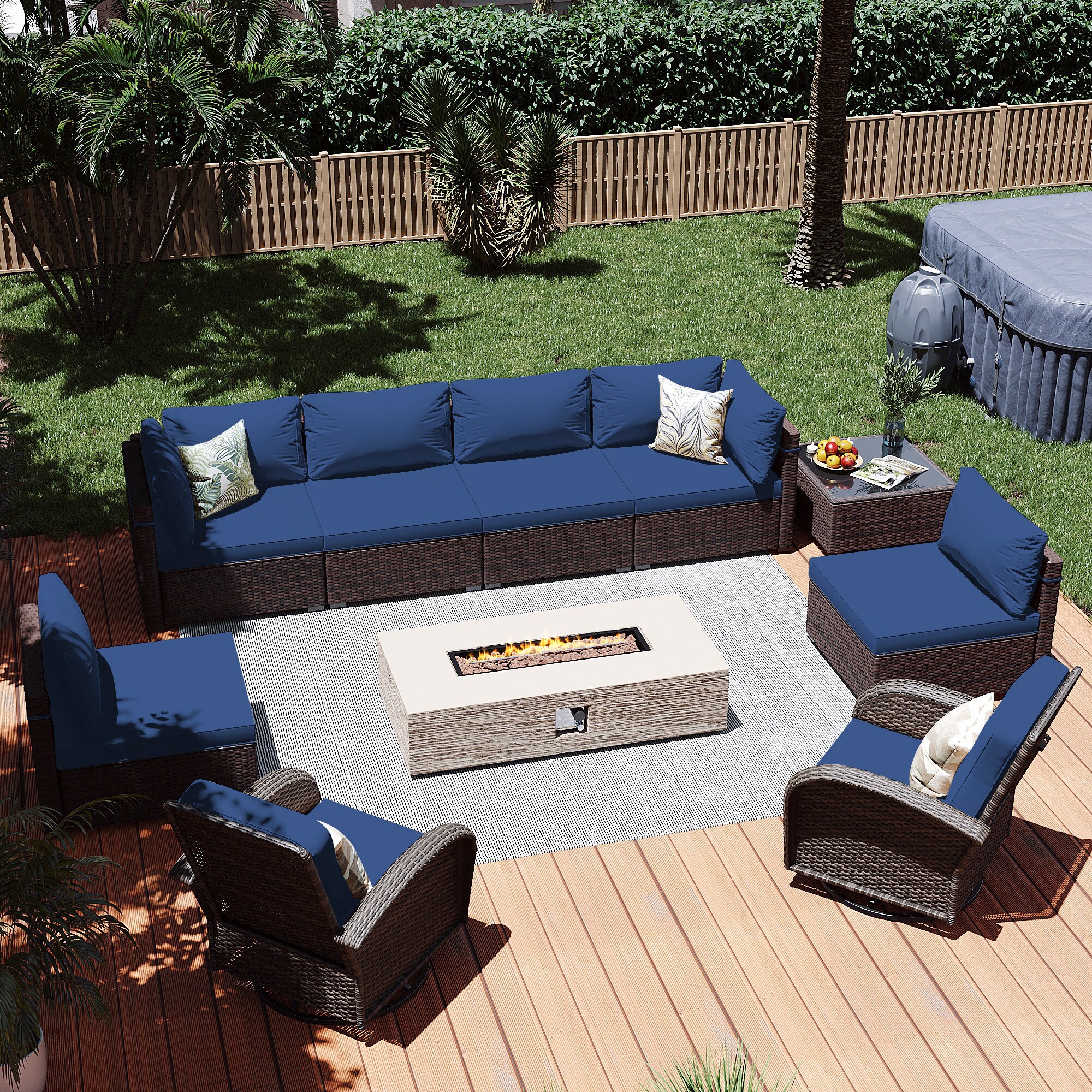 Patio Watcher LS-RT7Y11-56HWBE-B2 10 -Piece Rattan Patio Conversation Set with Blue Cushions