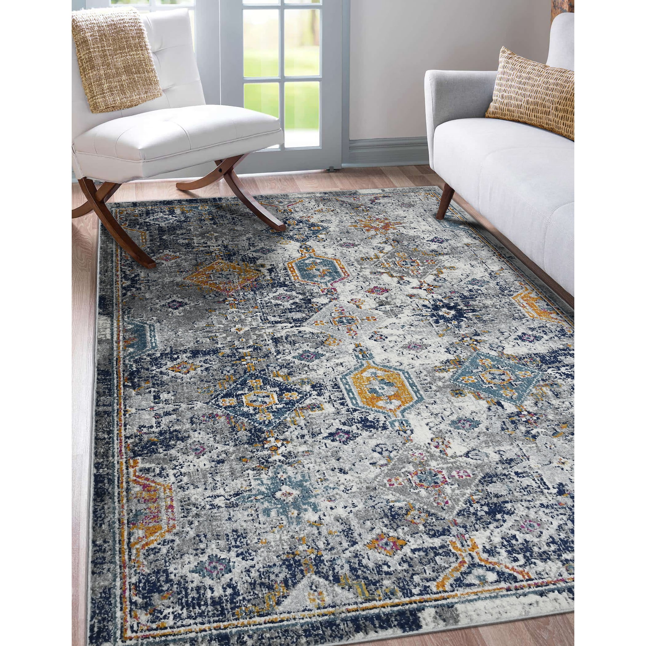 Uptown Bohemian Blue Geometric 5'3" x 7'6" Synthetic Area Rug