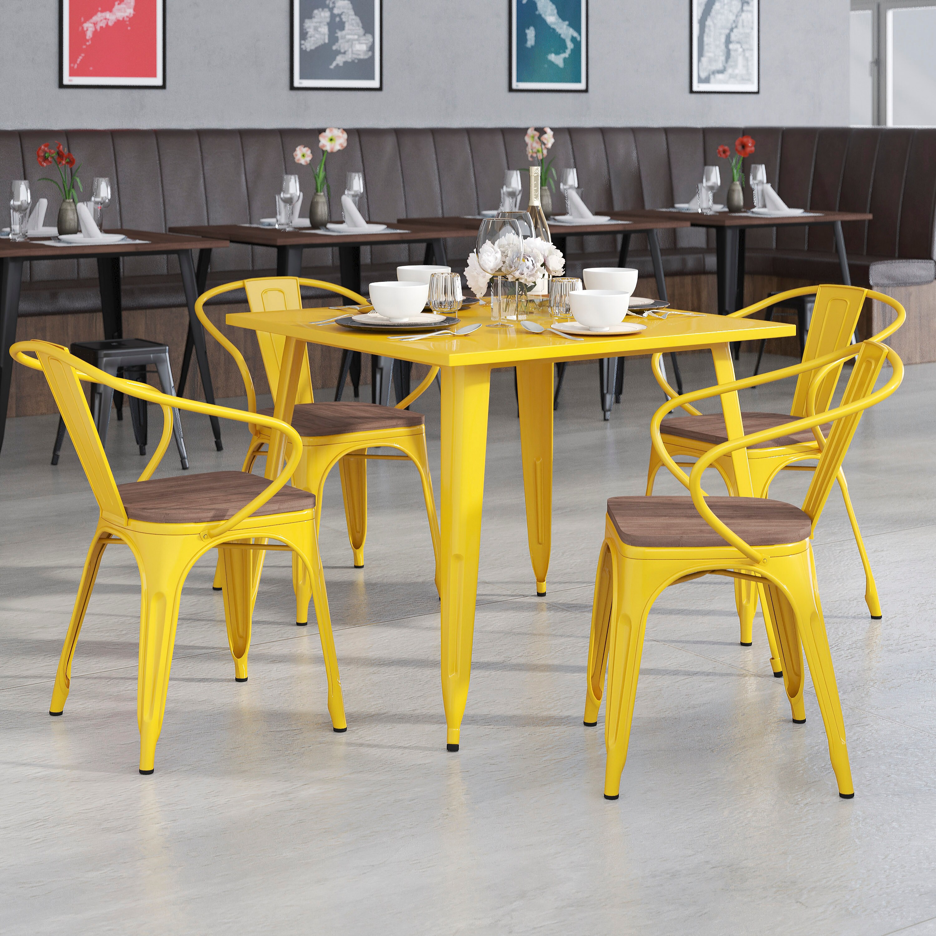 Flash Furniture 889142868088 Roy 4 Pk. Yellow Metal Chair with Wood Seat and Arms