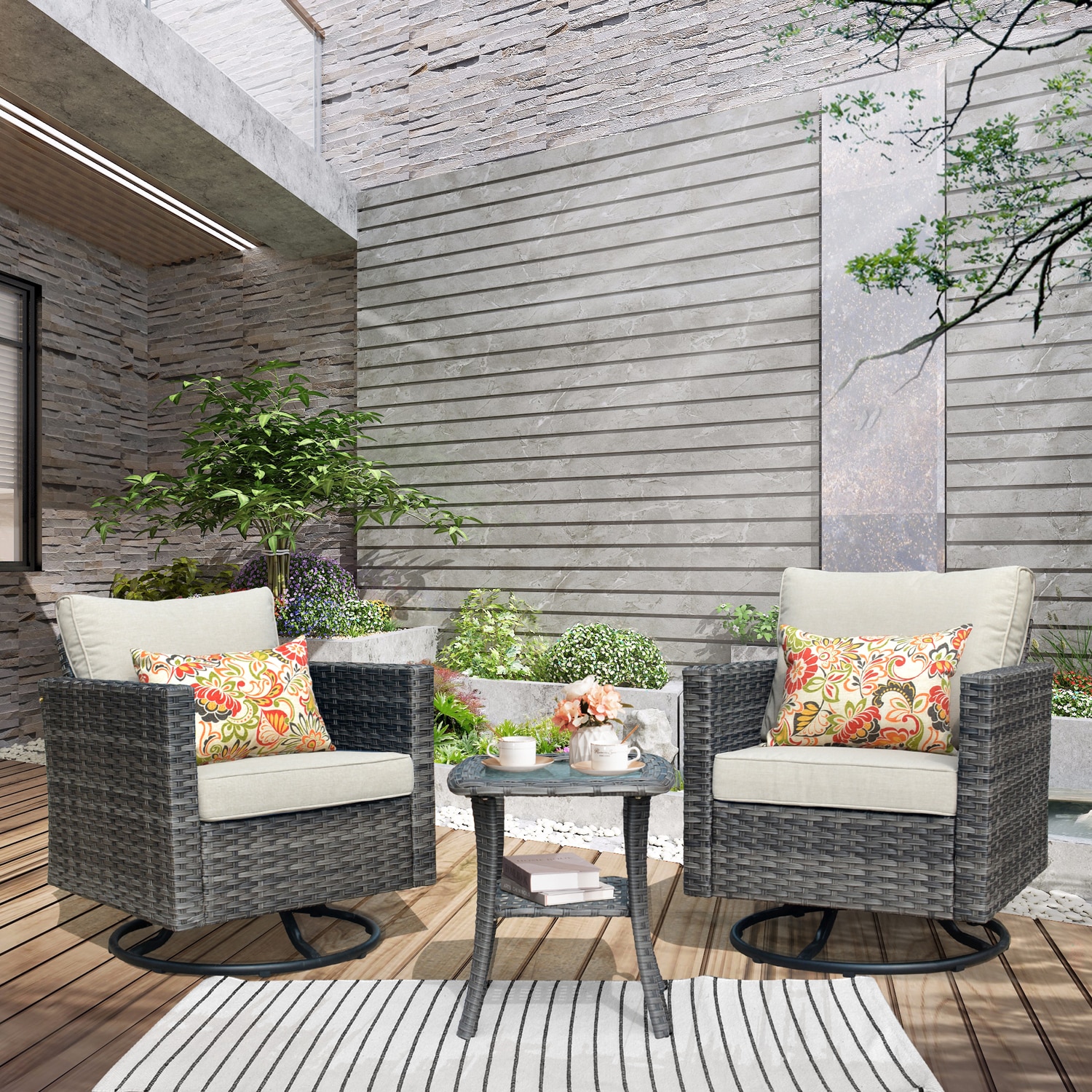 XIZZI Lullaby 3-Piece Rattan Patio Conversation Set with Off-white Cushions