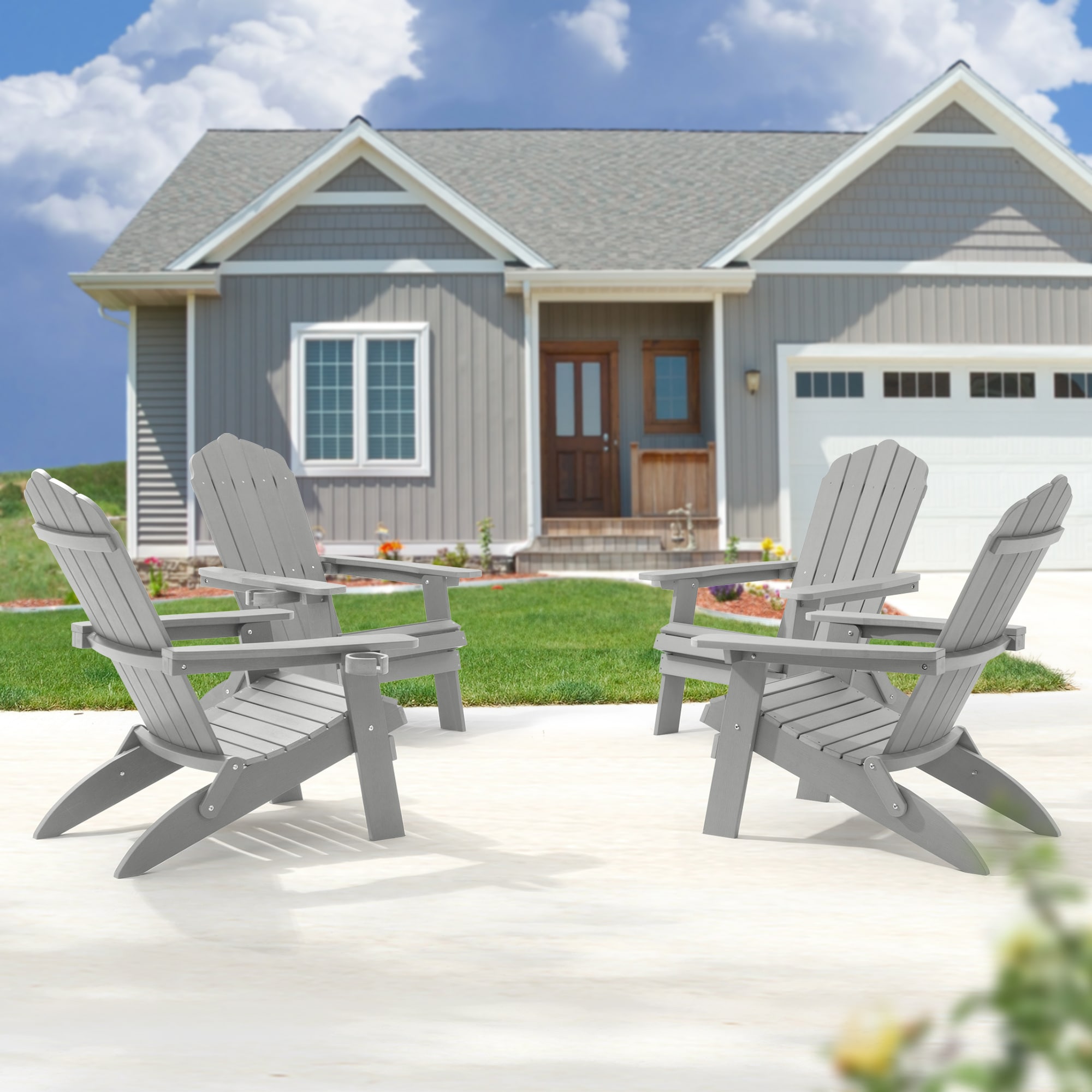 ACEGOSES LW-QW-106-LY-4 Foldable Adirondack Chair Set of 4 Light Gray Stationary Adirondack Chair with Slat Seat