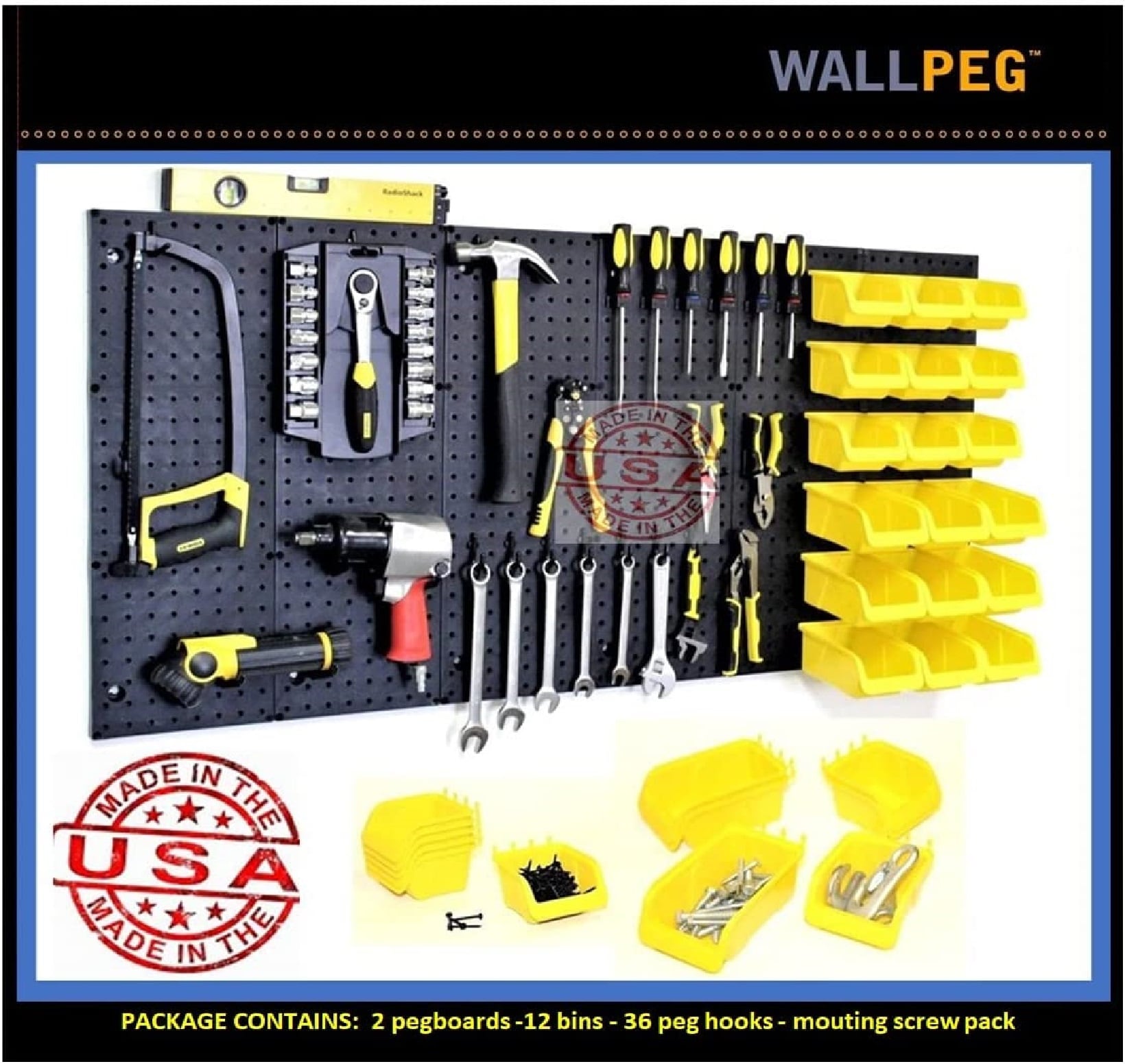 WallPeg 4 Medium Yellow Bins and 36 Assorted Flex Lock Peg Hooks