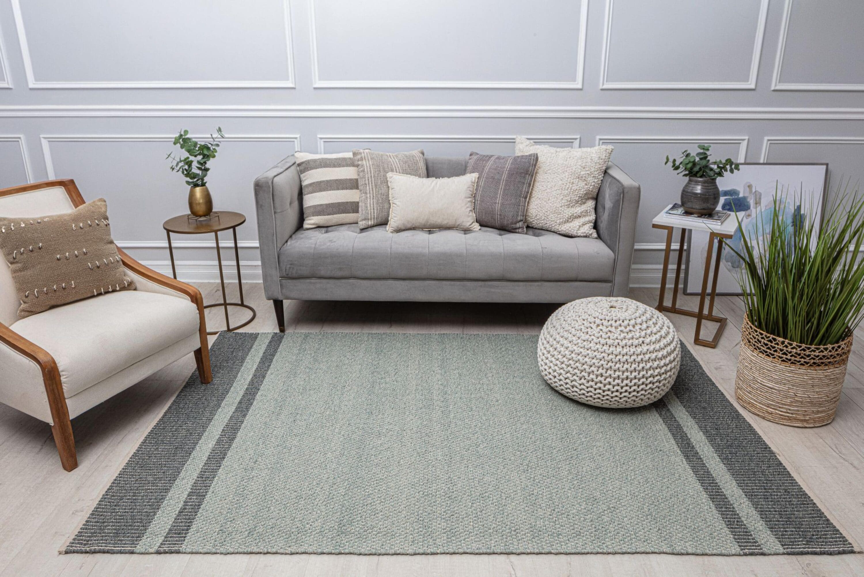 Green and Gray Wool Flat Woven 5' x 7' Striped Area Rug