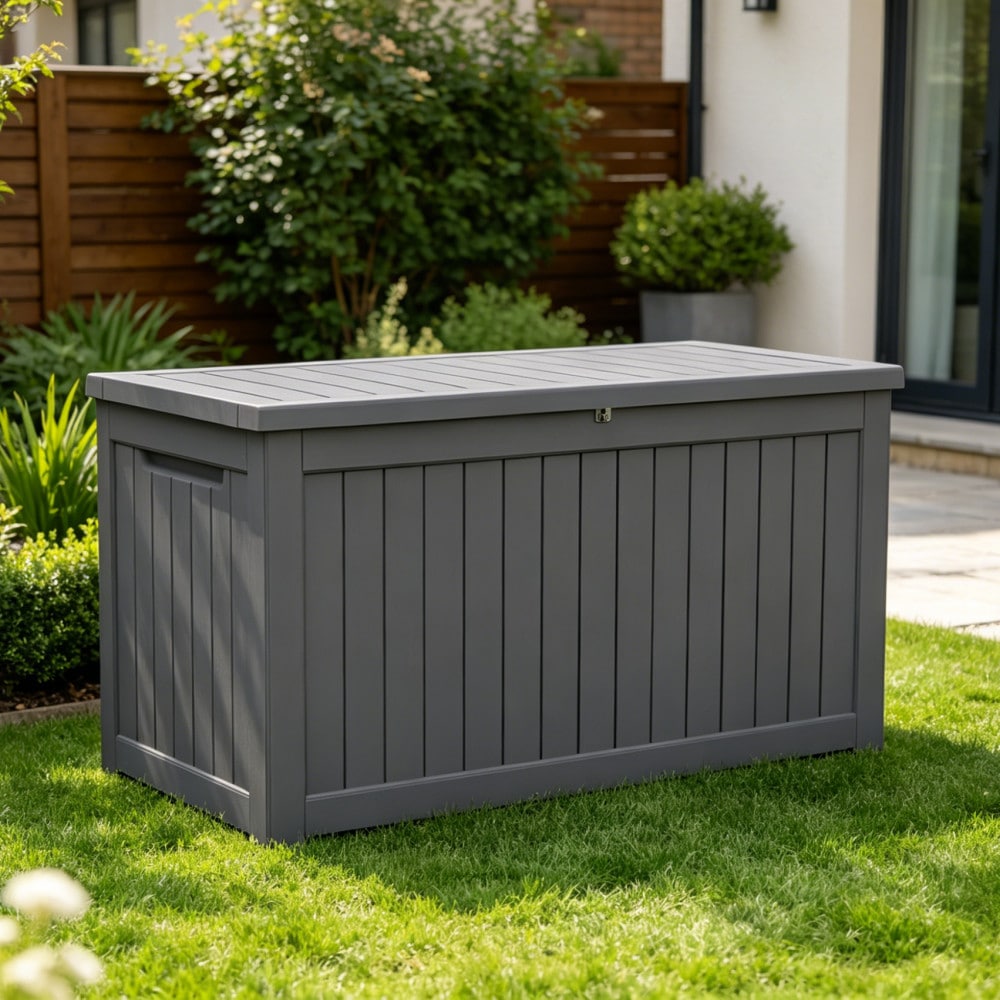 Wooakway 230 Gallon Outdoor Storage Box Deck Box Waterproof Large Patio Storage Bin for Outside Cushions Storage Bench Throw Pillows Garden Tools Lockable Dark Brown