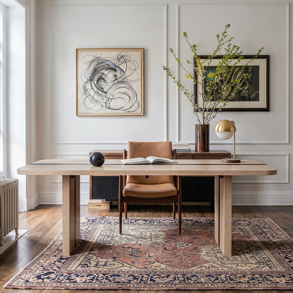Homsee -  Rounded Dining Table with Wood Grain Top Black Inlay Strips and Reinforced Pedestal Leg...