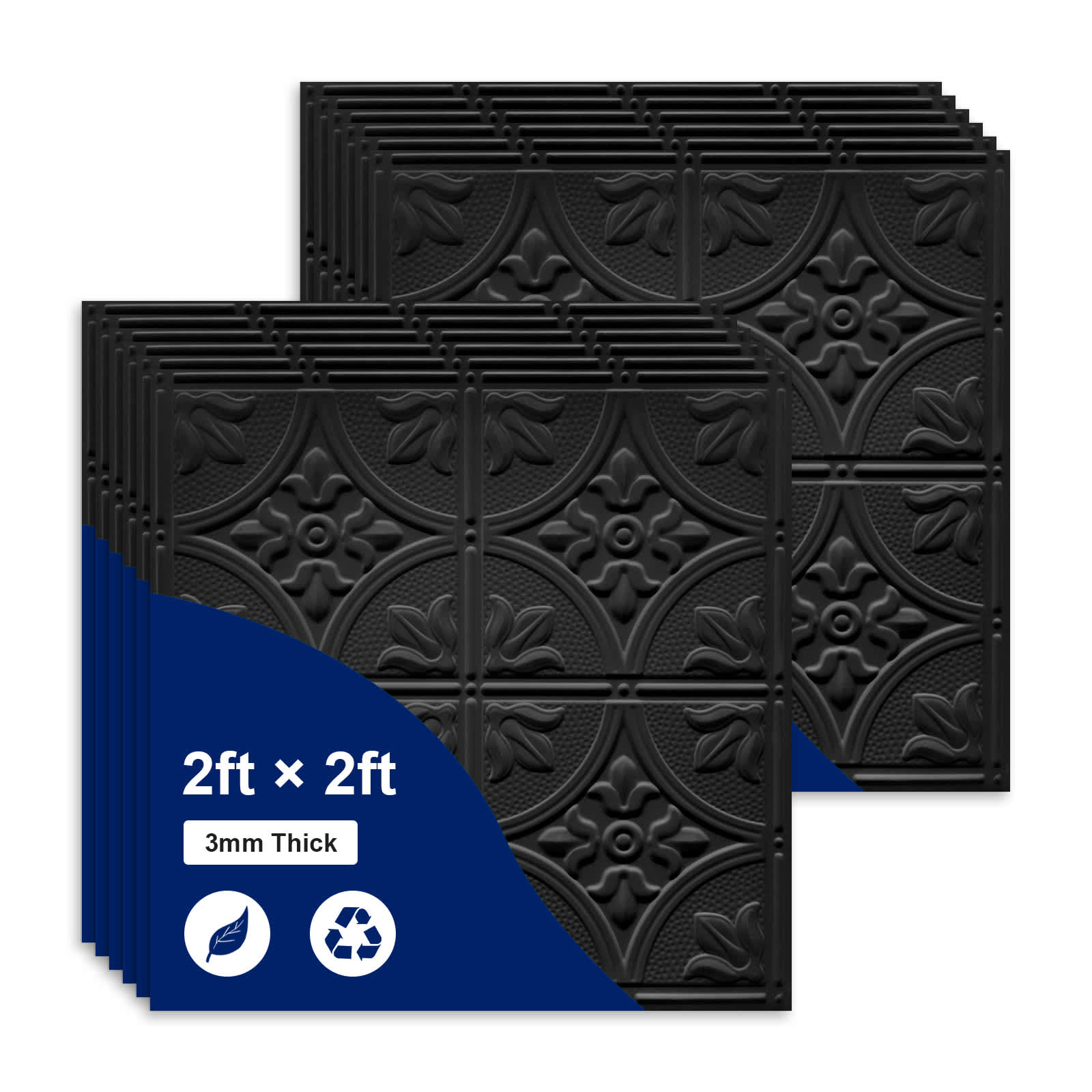 GLETOOL Black 2 ft. x 2 ft. Decorative Textured Waterproof Washable and Fire-Rated PVC Ceiling Tile 48(sq. ft. per case)12 Tiles