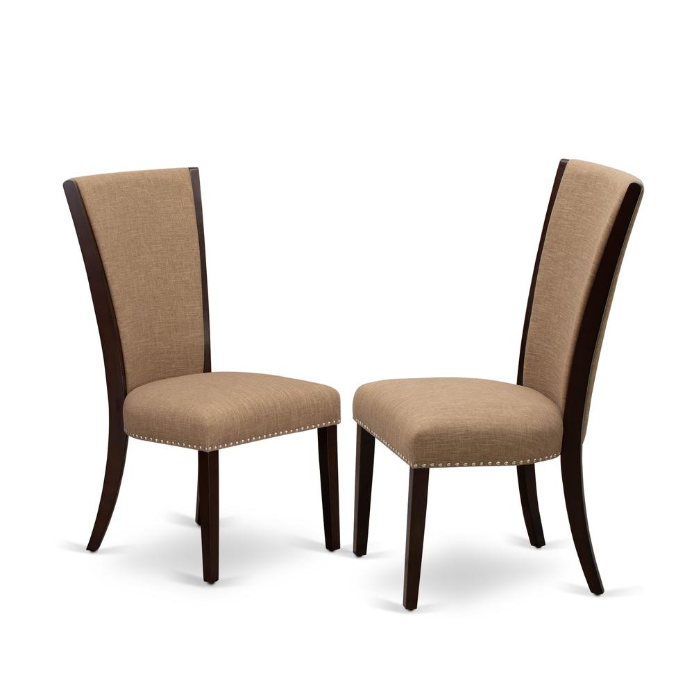 East West Furniture VEP3T47 Set of 2  Upholstered Dining Chair Wooden Chairs Includes Mahogany Solid Wood Structure with Light Sable Linen Fabric Seat with Nail Head and Stylish Back