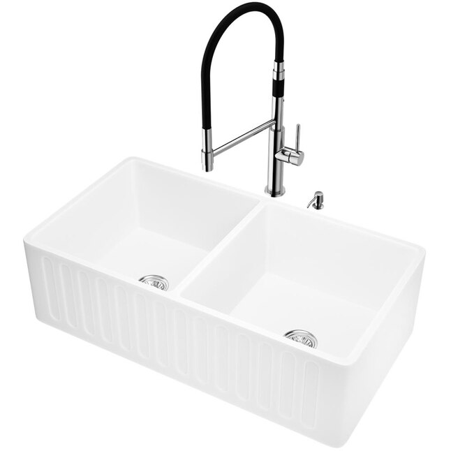 VIGO Matte Stone x 18-in Matte White Double Equal Bowl Tall (8-in or Larger) Undermount Apron Front/Farmhouse Commercial/Residential Kitchen Sink VIGO Matte Stone x 18-in Matte White Double Equal Bowl Tall (8-in or Larger) Undermount Apron Front/Farmhouse Commercial/Residential Kitchen Sink