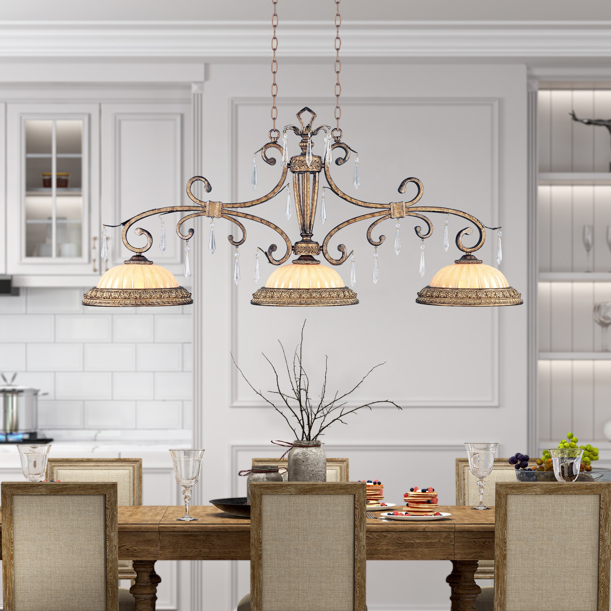 Vintage Gold Leaf 3-Light Crystal Island Chandelier