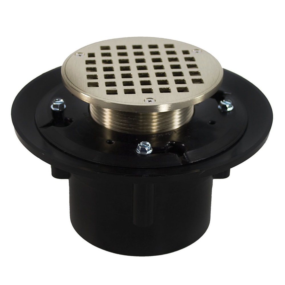 Jones Stephens 3 inch x 4 inch Heavy Duty ABS Floor Drain Base with 3-1/2 inch Metal Spud, 8-1/2 inch Pan and 4 inch Nickel Bronze Round Strainer -  D49154