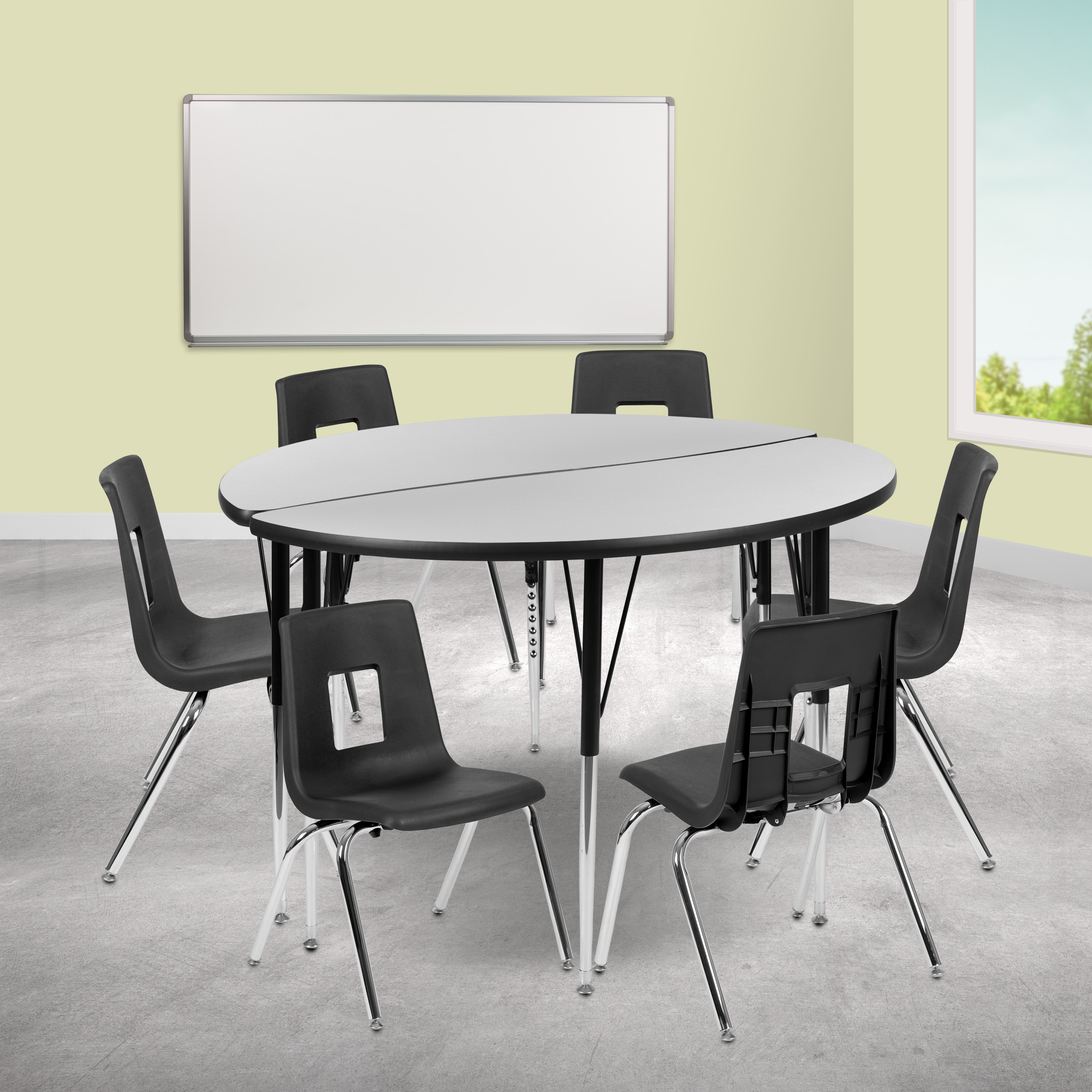 Flash Furniture 889142934073 Emmy 47.5-in Circle Wave Flexible Laminate Activity Table Set with 16-in Student Stack Chairs; Grey/Black