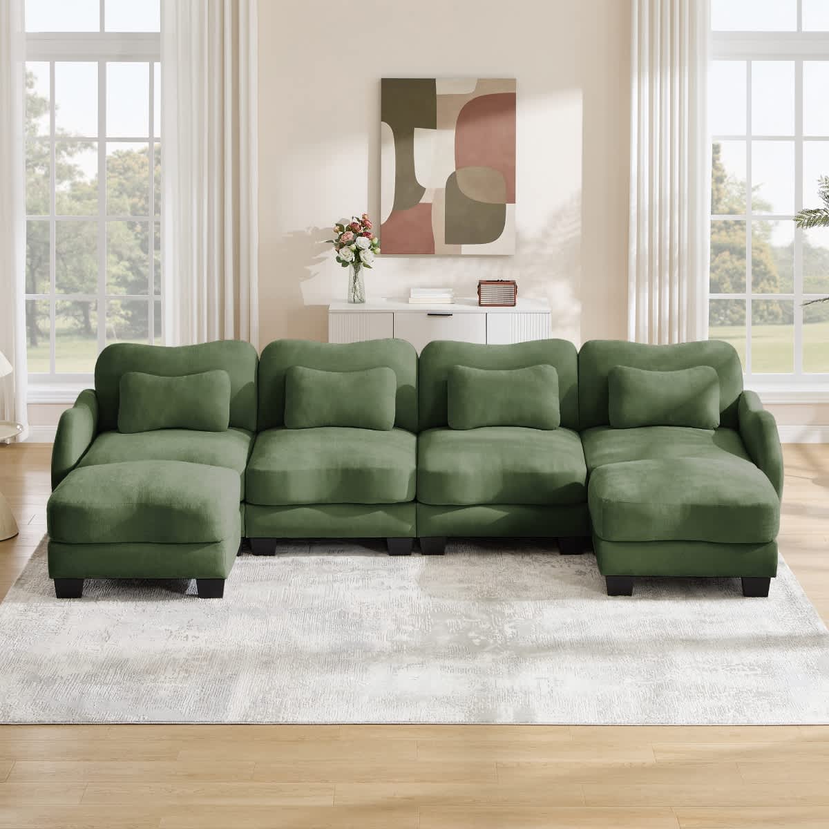 Coolbibila 4 Seat U Shaped Sectional Sofa with 2 Ottomans Modular Green ...