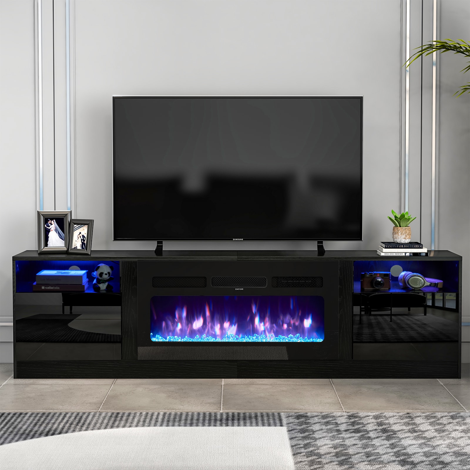 AOXUN 79-in W Black TV Stand with LED Electric Fireplace H21028BK+H20023 Sansujyuku sansujyuku.com