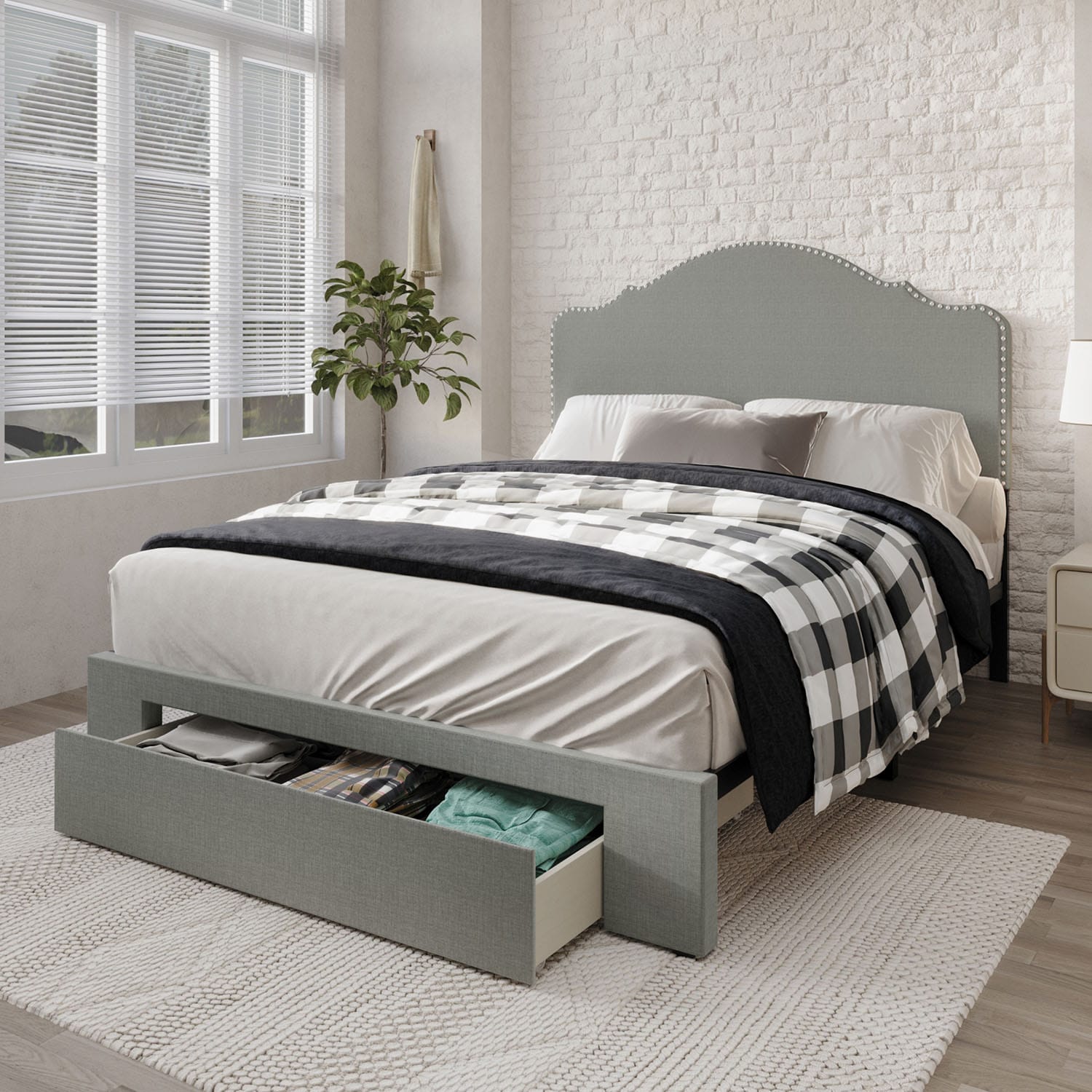 CasePiece C8363QUBS-LGY-LN Light Grey Queen Wood Upholstered Bed with Storage
