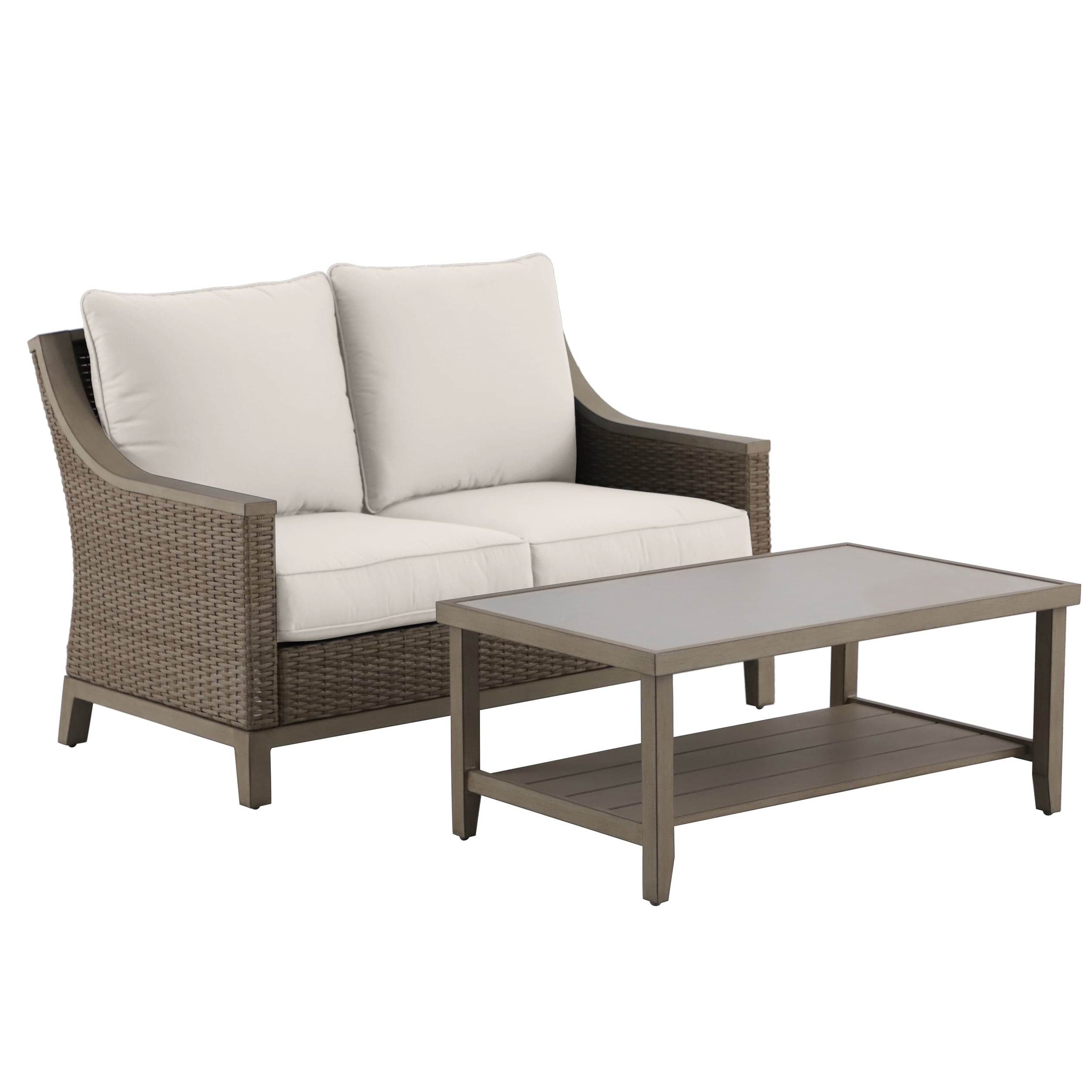 allen + roth FRS81528CL Rosedale 2 -Piece Wicker Patio Conversation Set with Cream Cushions