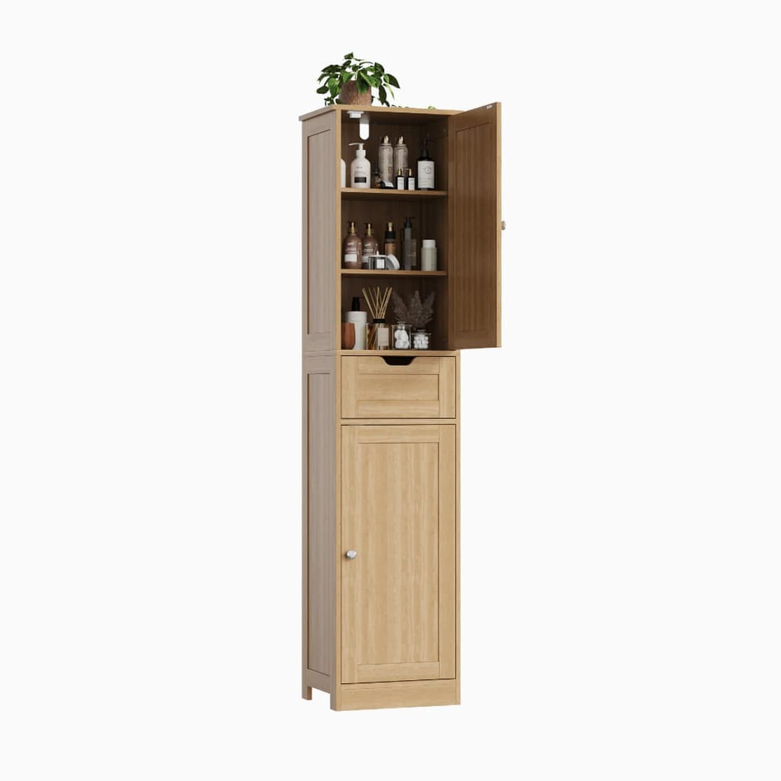 Aoile Tall Freestanding Bathroom Storage Cabinet with Two Doors and Drawer Adjustable Shelves Particleboard Organizer