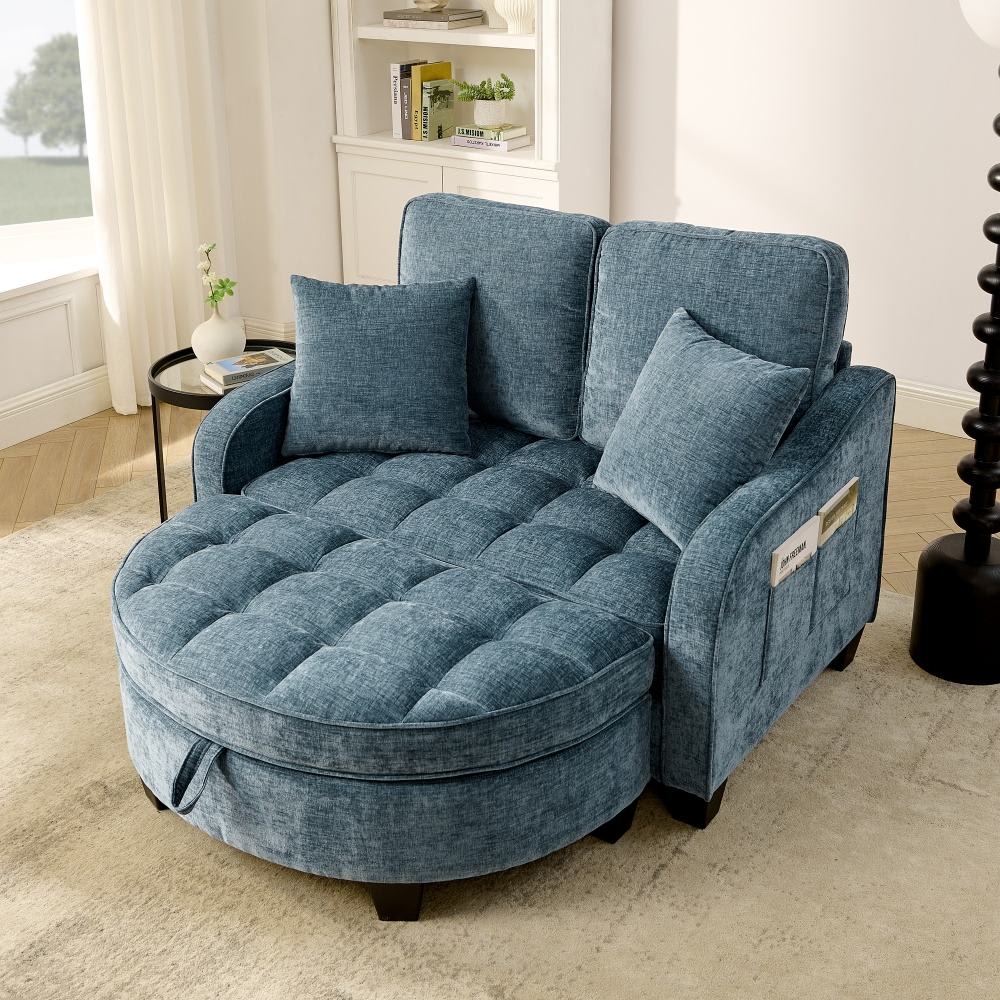 Coolbibila - 43 in Modern Blue Corduroy 2 Seat Loveseat Chaise Lounge with Storage Ottoman and Pi...
