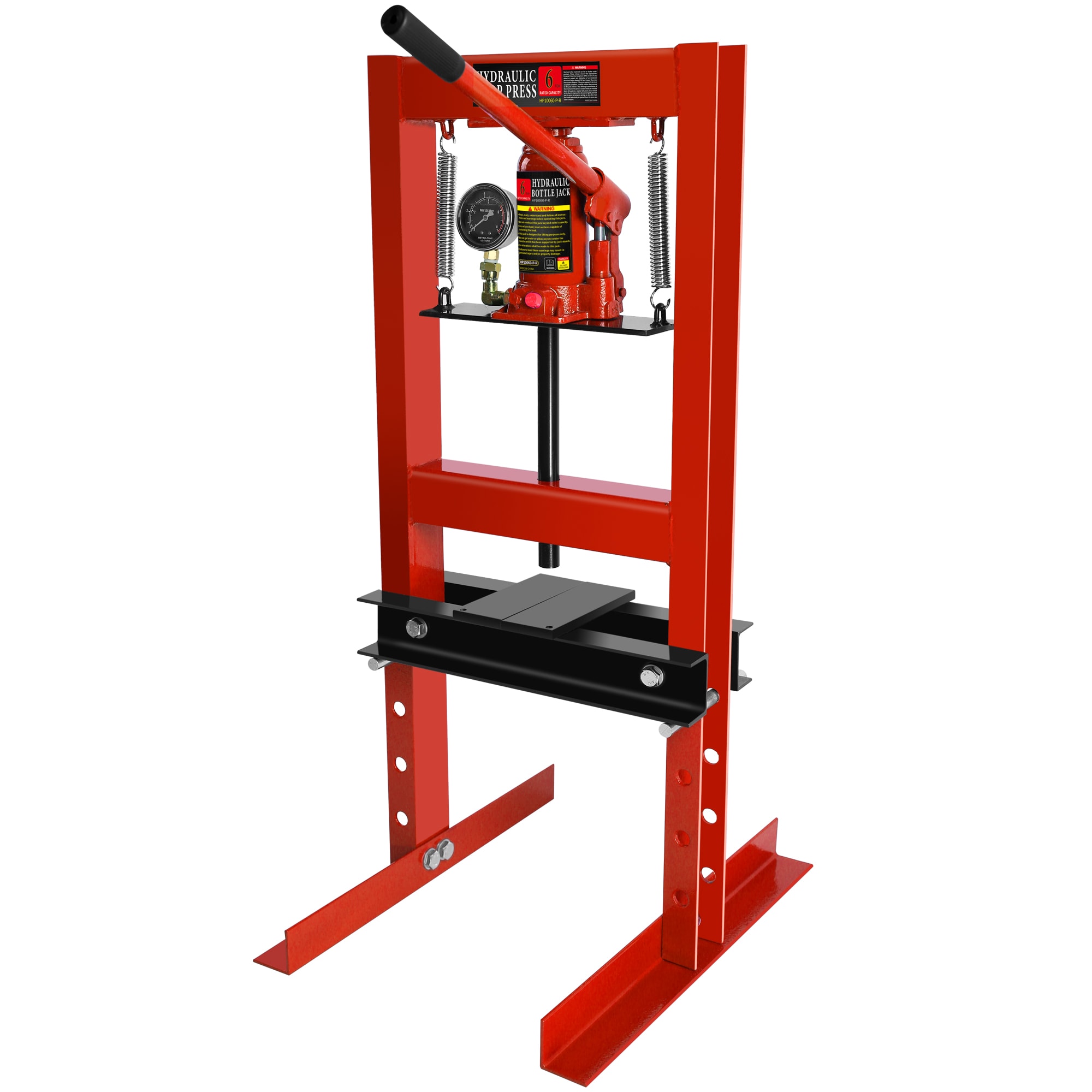 Kahomvis YS-QP214-307 6 Ton Hydraulic Shop Floor Press, with Pressure Gauge Steel H-frame Shop Press with Steel Plates Adjustable Working Table, Red