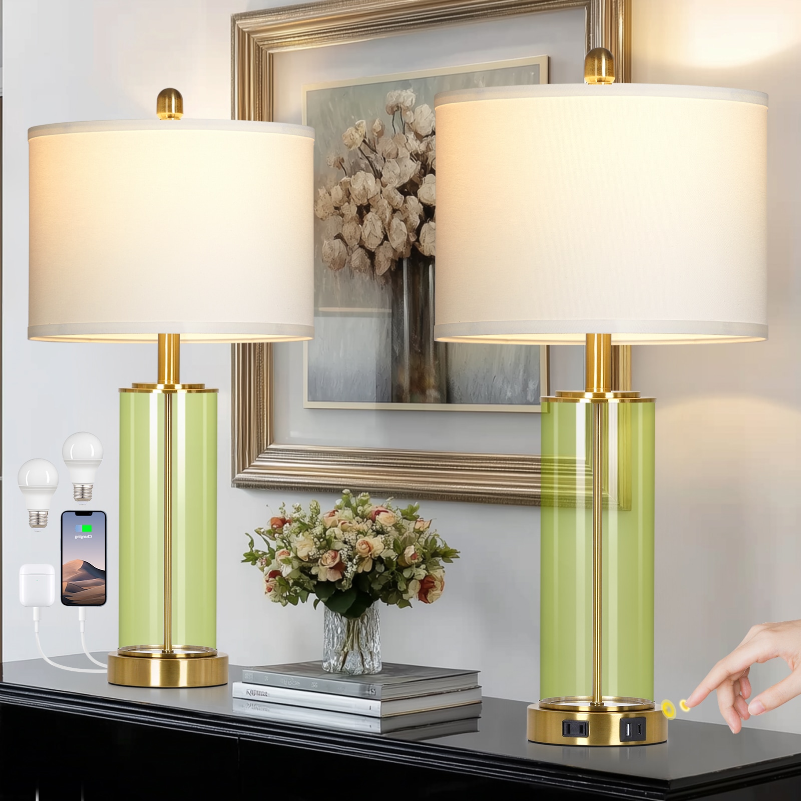 UrFurnishings - Coastal 26-in Green LED Touch Table Lamp with Linen Shade