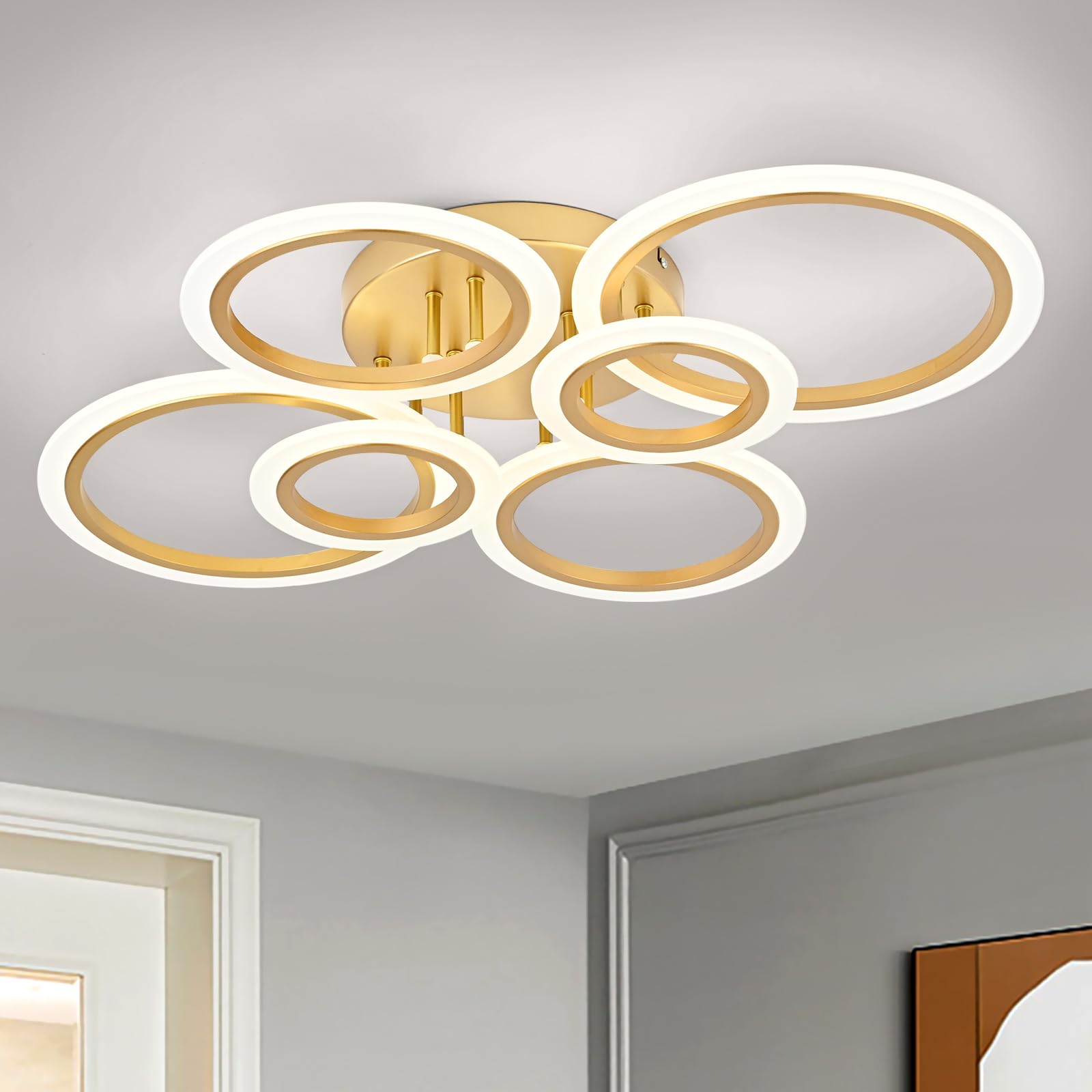 Adrinfly  Modern LED Flush Mount Ceiling Light Six Rings Gold Close to Ceiling Fixture for Kitchen Living Room Bedroom Laundry Room 4000K Not