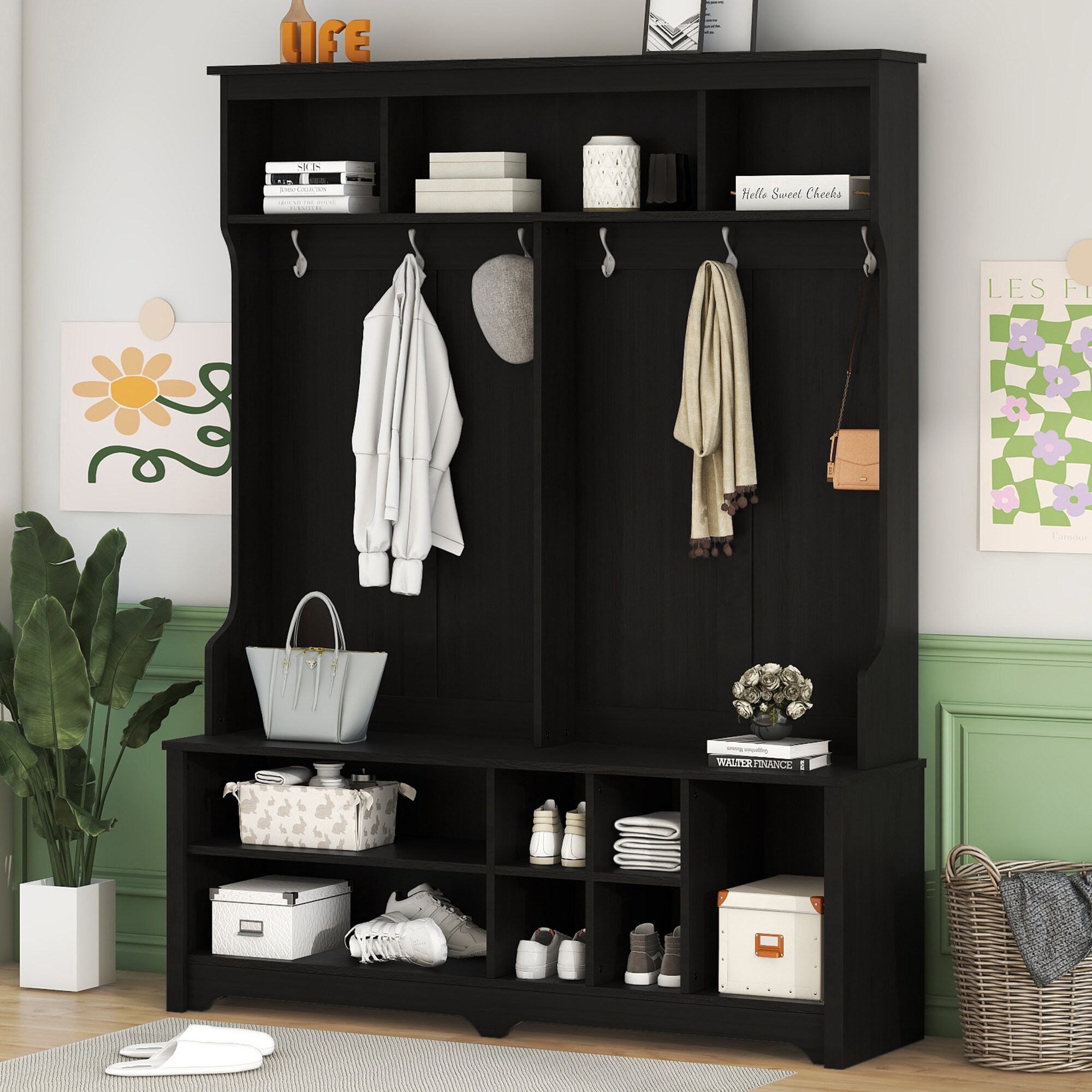 Yiekholo LL-1408AAB Casual 60-Inches Black Wood Hall Tree