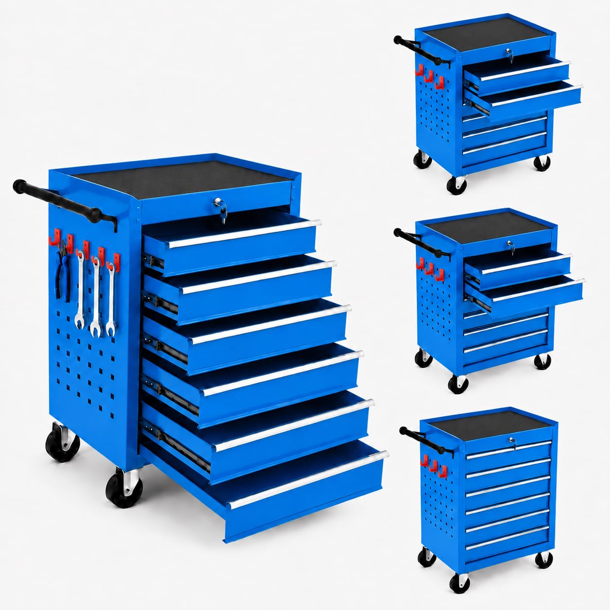 IdealHouse Rolling Tool Chest with Wheels 6 Drawer Tool Storage Cabinet Portable Toolbox Organizer with Locking System and hooks Heavy Duty Tool Storage Cart for Garage Workshop Blue