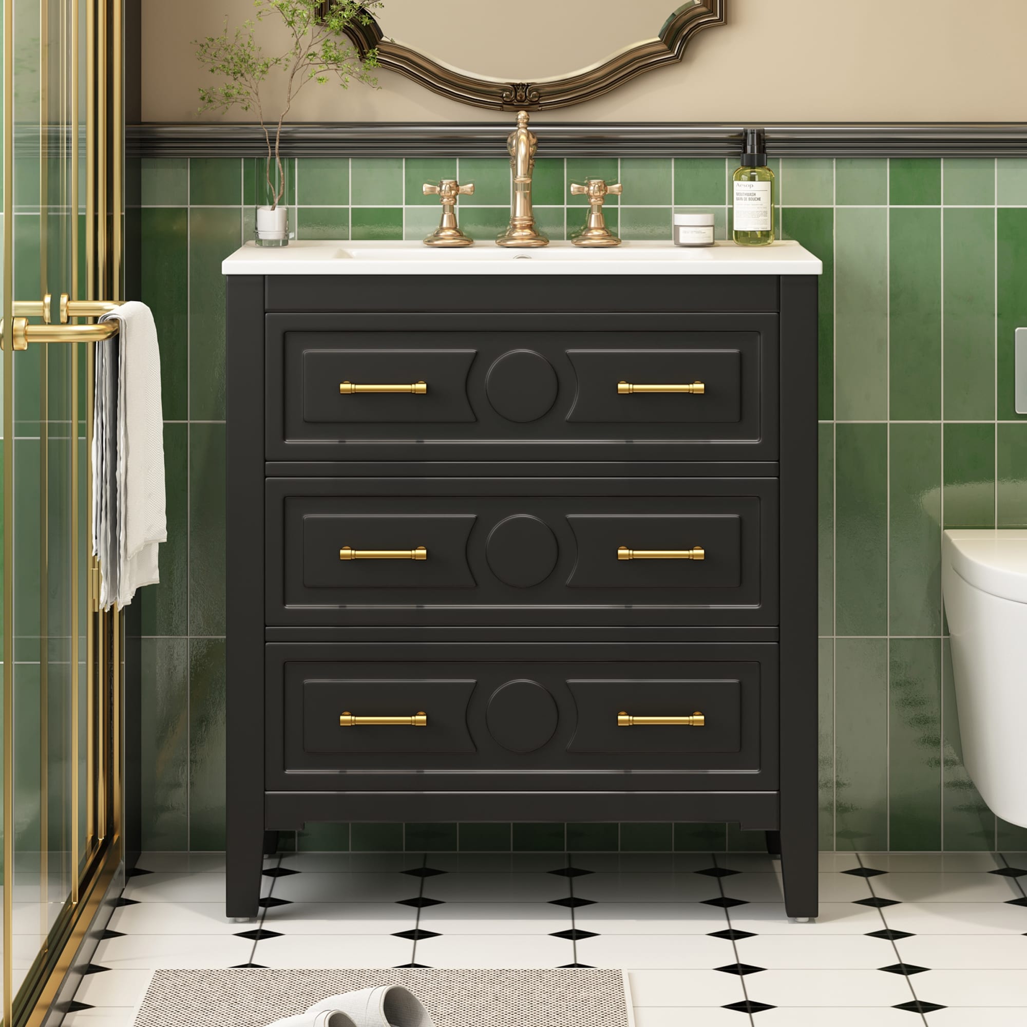 Iseryn YSG209BP246 Bath Vanity 30-in Black Undermount Single Sink Bathroom Vanity with White Ceramic Top