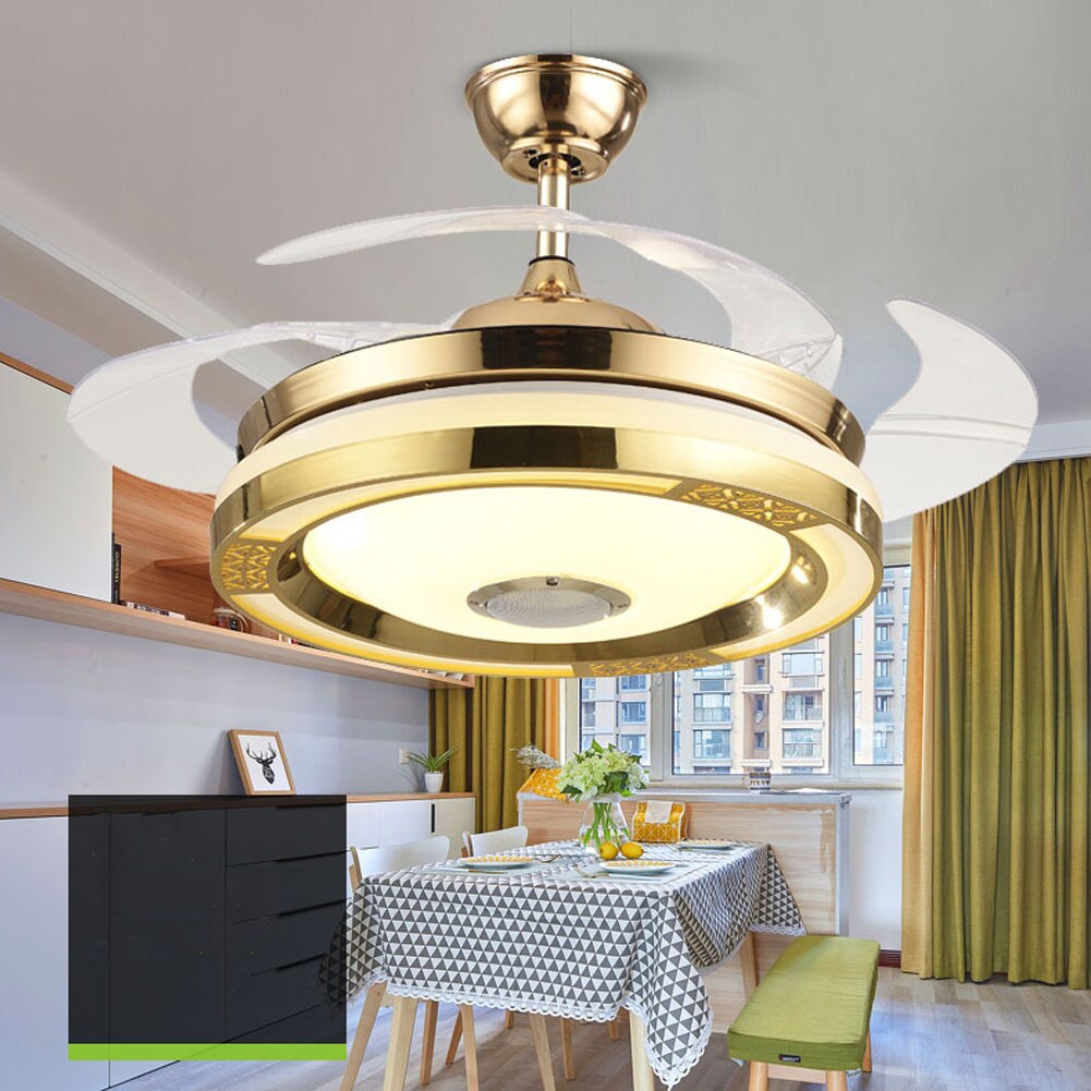 Oukaning HG-HCX-2057 Bluetooth 42-in Color-Changing 42-in Gold 3-speed Retractable with ABS Blades Chandelier Ceiling Fan With Light - Remote Included ( 3 -Blade )
