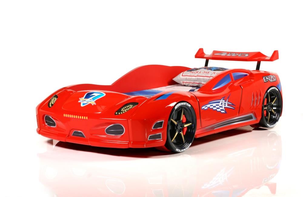 Lorient Home 304-01-R Kids Twin Size Sports Car Enzo Bed with Spoiler Wing LED Lights and Sounds Remote Controlled Red