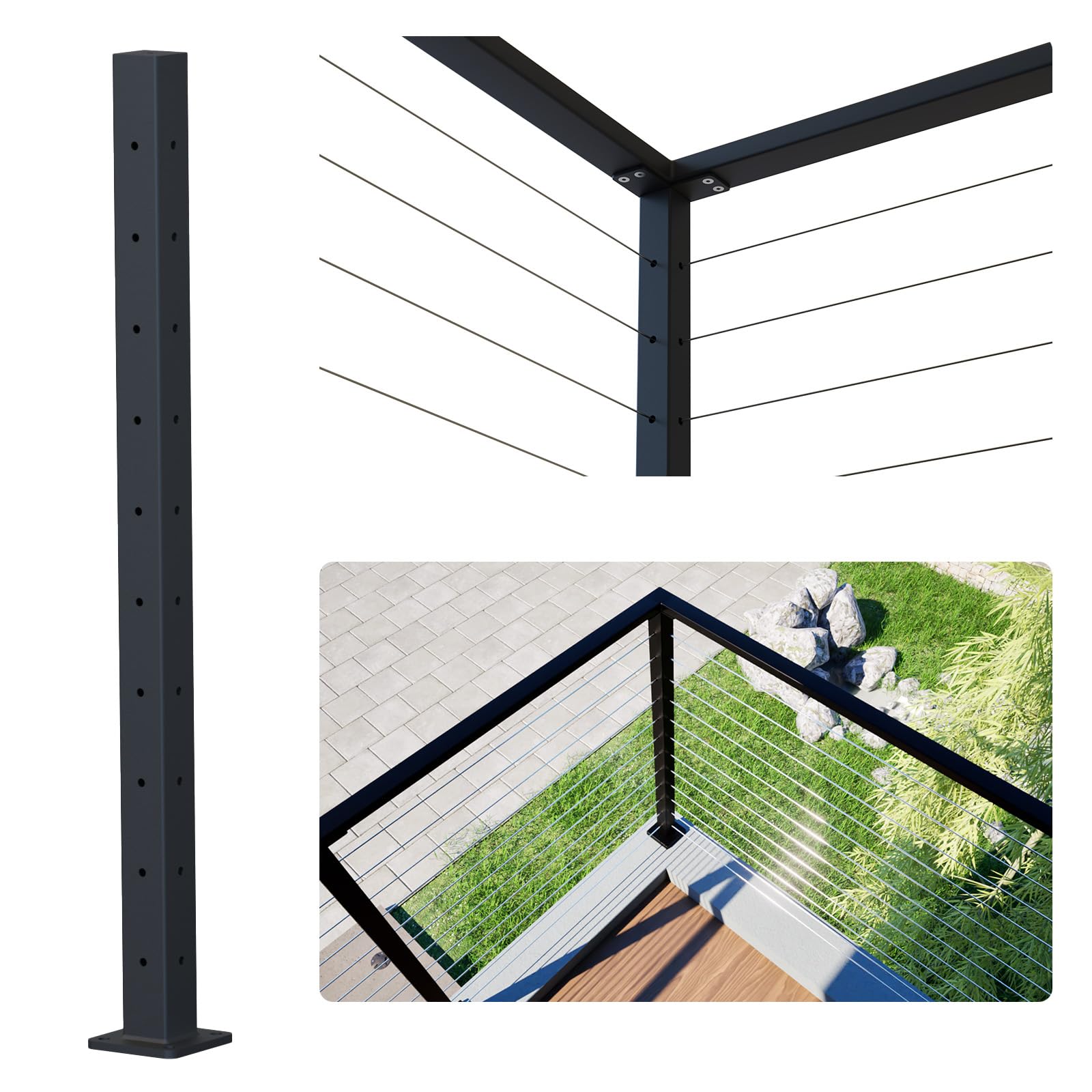 Afoxsos Heavy Duty Cable Railing Post 36 in by 2 in by 2 in High Strength Steel Square Corner Post with Pre Drilled Holes Black Powder Coated #LAF0810F477