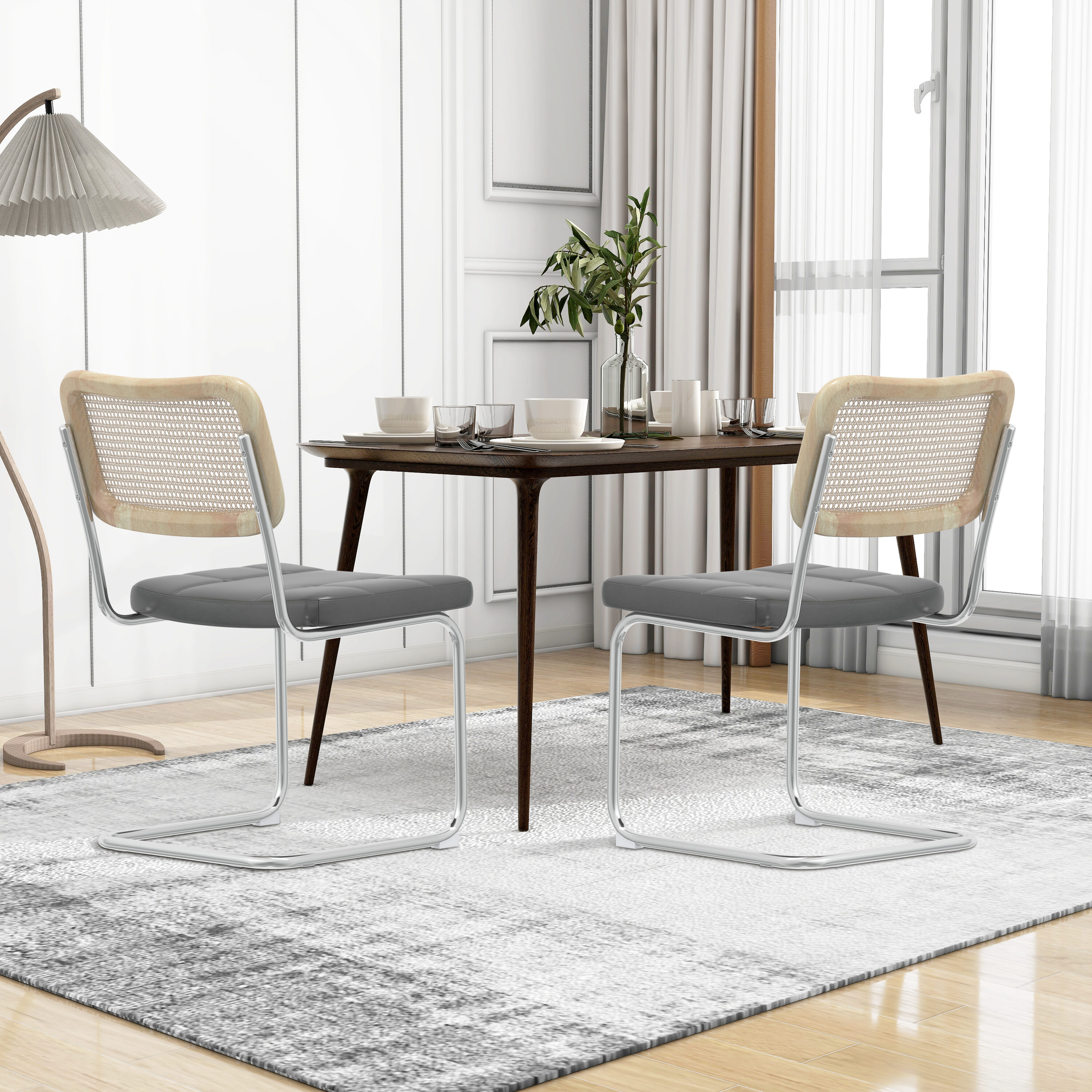 Gray Faux Leather and Rattan Low Side Chair Set